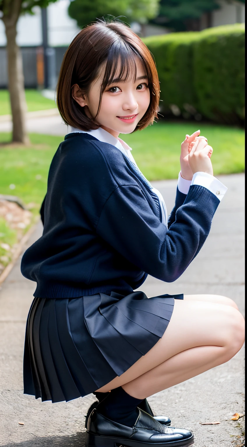 ((High school girl sitting at a table in the classroom))、The background is the classroom window.、Navy Blue Blazer、(White blouse)、((Large bust : D Cup))、(((White blouseのボタンをはずしてオッパイを見せる)))、Red bow tie、((Dark blue checked skirt))、8K,、Ultra-high resolution、Detailed Description、photograph,、Tabletop、Highest quality、((Beautiful Eyes、Short bob cut girl、Straight brown hair、White skin,、Various poses、((Center of chest : 1.1))、Highest quality、Tabletop,、Ultra-high resolution,、(Realistic:1.4)、RAWphotograph、(Perfect figure)、 (slim:1.3)、slimな腹部、Perfect slim figure、Dynamic pose、alone、Cold Light 12000K、(Realistic skin)、 charm、Ultra-high resolution、 超Realistic、Very detailed、(The wind blows up my skirt)、(smile)、 (Realistic skin)、charm、Ultra-high resolution、超Realistic、Very detailed、(The wind blows up my skirt)、(Lift up the skirt)、(White panties are visible)、(smile)、Cowboy Shot、((From behind)),