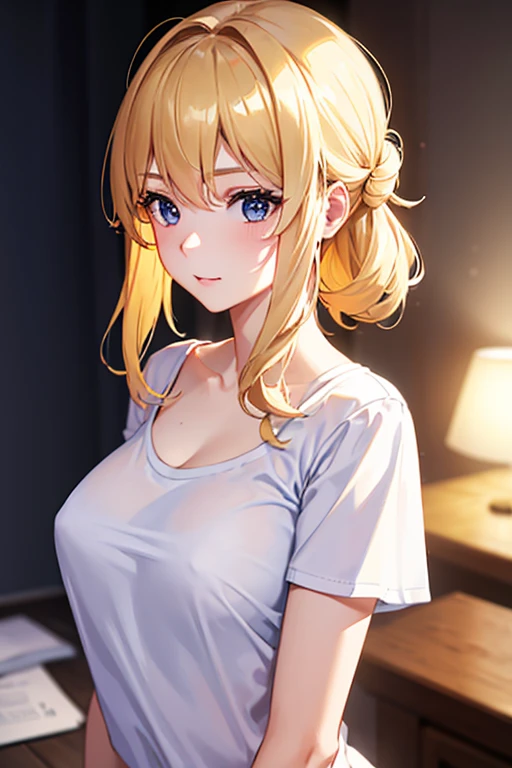 1 girl, white collarless t-shirt, short sleeves, happy, looking straight ahead, blond hair, boobs cup C,illustration,ultra-detailed,realistic,photorealistic:1.37,professional,vivid colors,studio lighting,sharp focus,physically-based rendering