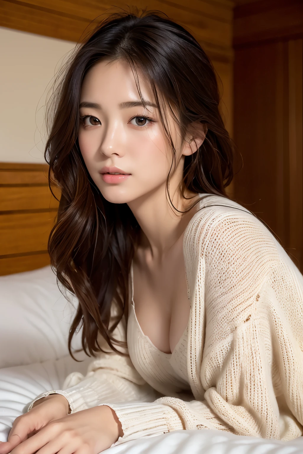 top-quality、8K、32K、masterpiece,)Beautiful woman、Natural look、Look away 、Very loose and sexy knit、Oversized knitwear、Soft atmosphere、moment、No makeup、Taken from the side、Lying in bed、My head is also on the bed、The hair is disheveled、Prone、Warm atmosphere(No makeup))((not wearing mascara))real face、up hair