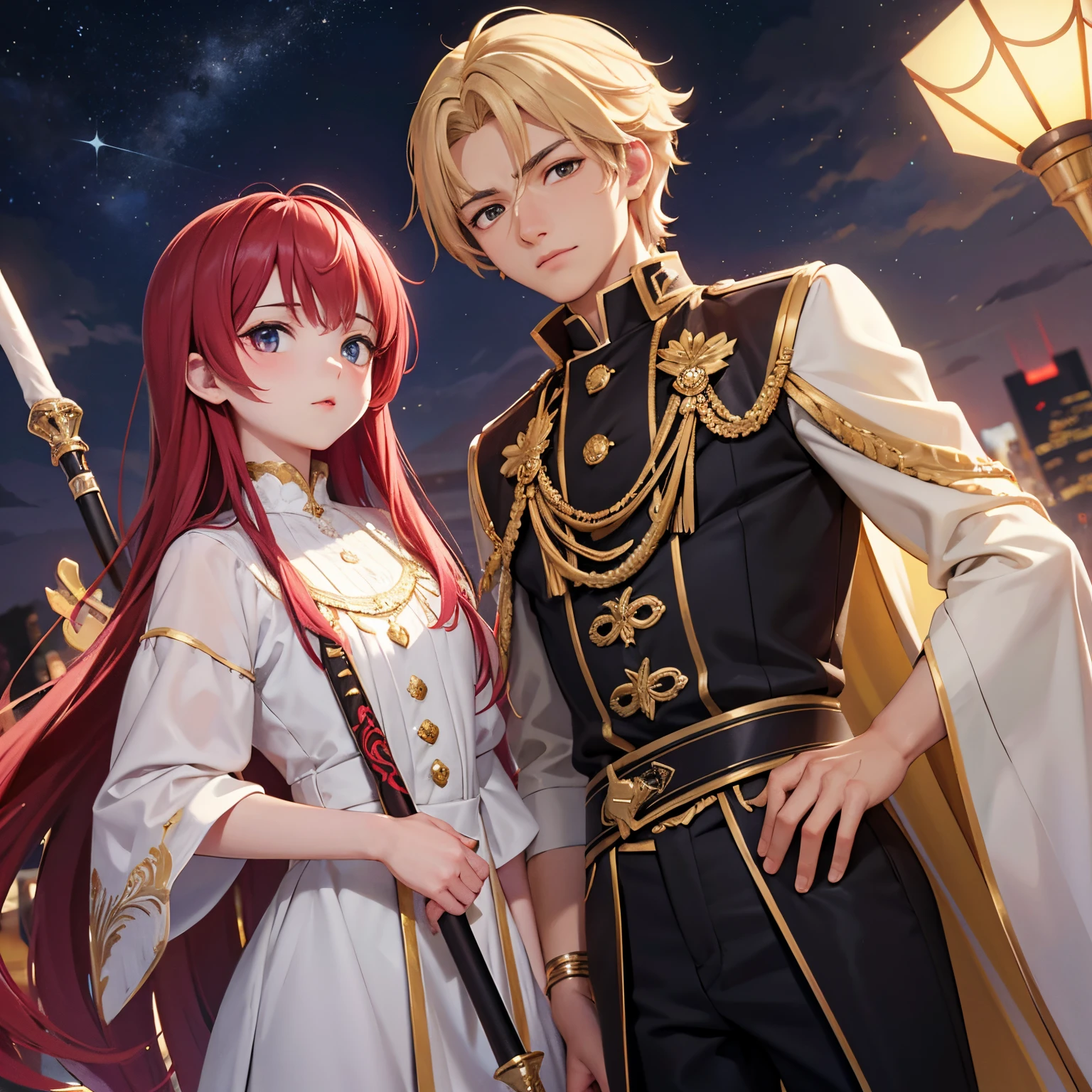 Crie um personagem adulto masculino com um sobretudo detalhado em vermelho e dourado, estatura alta, cabelos loiros, segurando uma espada ,em uma nevasca, com uma expressao meio raiovasa e marrenta, agachado, com brincos, stilo anime,
