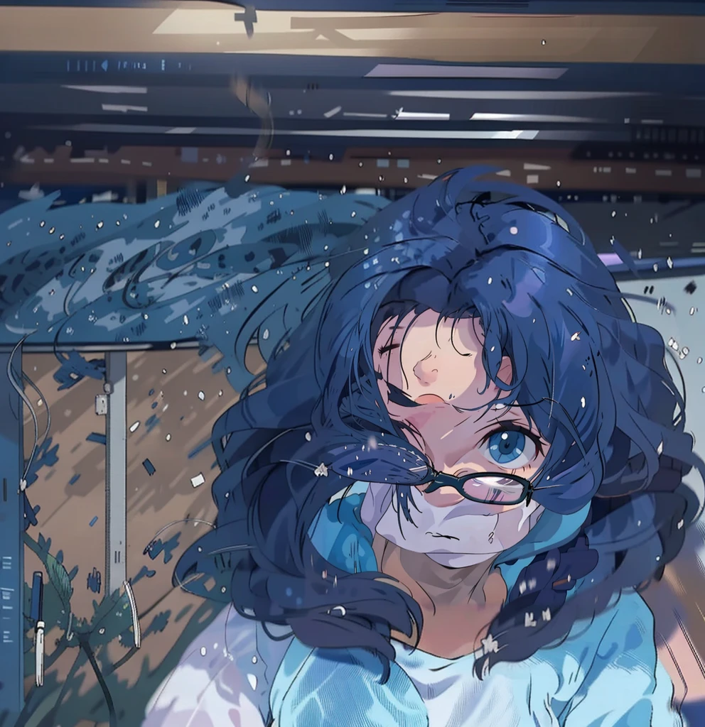 there is a woman with glasses and a blue top holding a cell phone, blurry image, blurry photo, blurry face, wind blowing and hair flowing, blurry, windy floating hair!!, blurry and sharp focus, slightly blurry, hair fluttering in the wind, not blurry, blurry background, swirling black hair, windy hair, her hair blowing in the wind