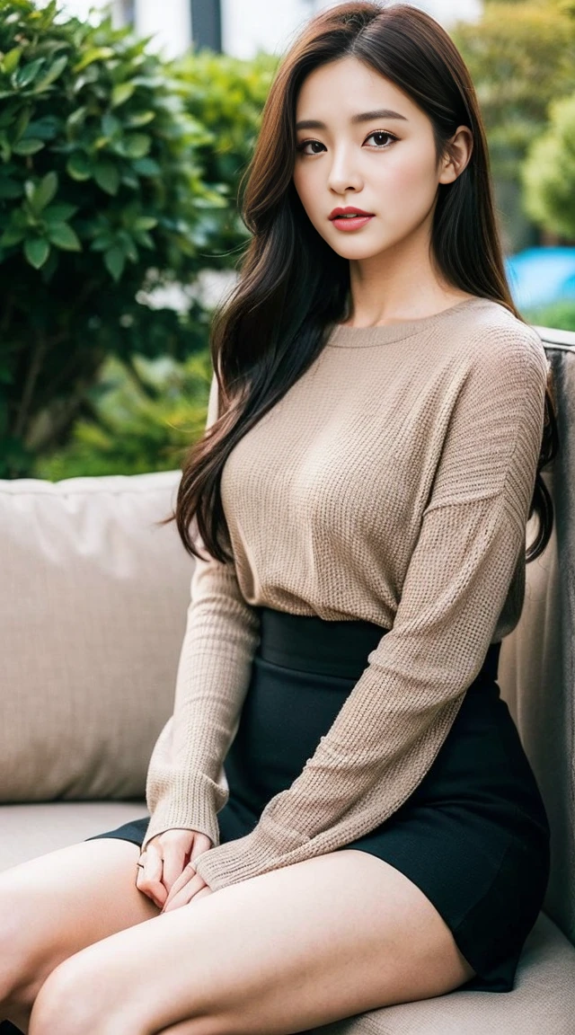 dark brown hair、Light brown eyes、The face of the Japan actress、adult lady、looks like him&#39;i&#39;I&#39;m about 40 years old、(intricate-detail:1.2)、(top-quality:1.4)、 (超A high resolution:1.2)、超A high resolution、(A detailed eye)、(detailed facial features)、nffsw、8K resolution、moderately sized udder、She is wearing a warm long-sleeved black dress.i&#39;i&#39;i am wearing a skirt&#39;T&#39;dong&#39;don&#39;t show your knees.、A loose knit dress、length hair、i&#39;i&#39;m sitting comfortably on a sofa on the terrace of an airy cafe.、Relaxing、Leaning on the backrest、