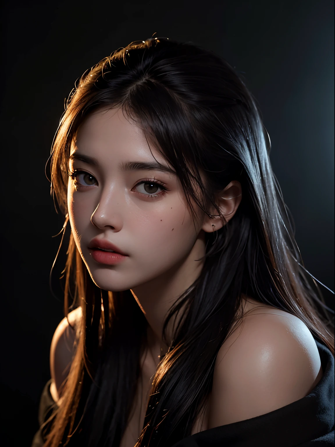 Best quality, masterpiece, ultra high res, (photorealistic:1.4), raw photo, 1girl, offshoulder, in the dark, deep shadow, low key, cold light