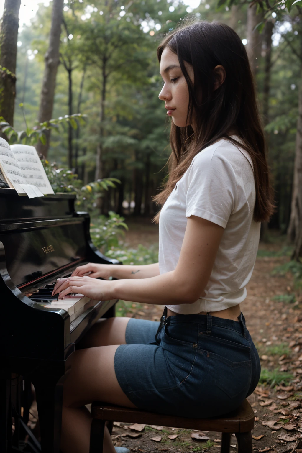 Girl playing piano in the forest