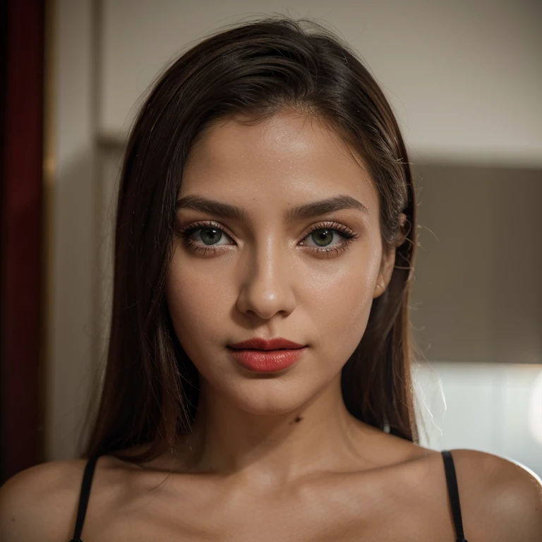 Crie Uma mulher bem sensual jovem e bonita, altura mediana, olhos grandes e verdes, pele clara, ela esta em frente ao espelho fazendo uma self com uma pose para uma foto bem sensual, fazendo olhar de desejo. seu semblante esta naturalmente com ar de desejo, lips with red lipstick, Textura 8K, altamente detalhados, realista, soft Cinematic Light, HDR, sharp fokus, obra-prima, foto realista, fotografia premiada, Canon EOS R5, 35 mm