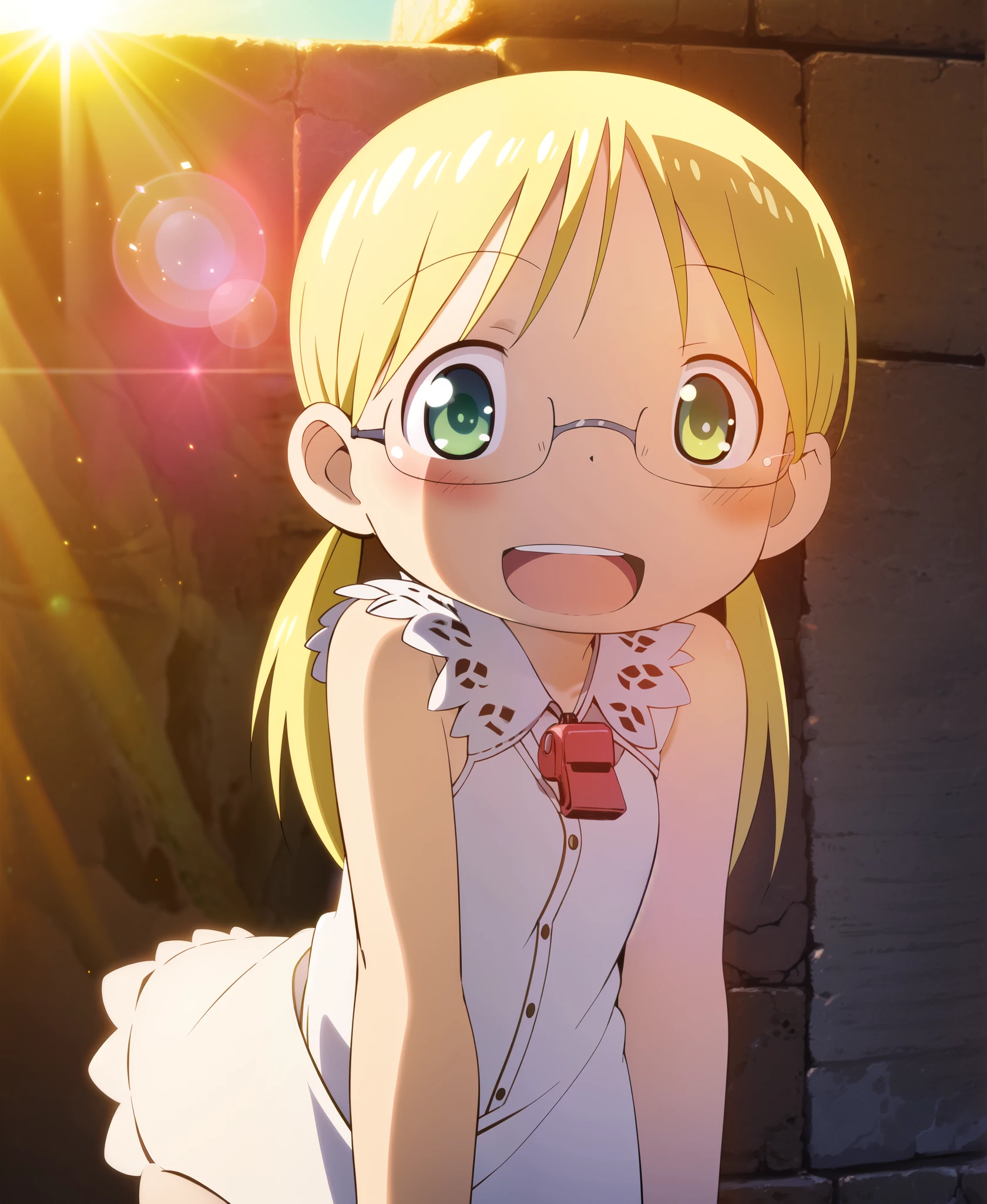 Masterpiece, 1girl, (Riko), shift dress, red whistle, glasses, cowboy shot, abyss, Orth, outside, summer, lens flare, perfect lighting, hair flow, sun,