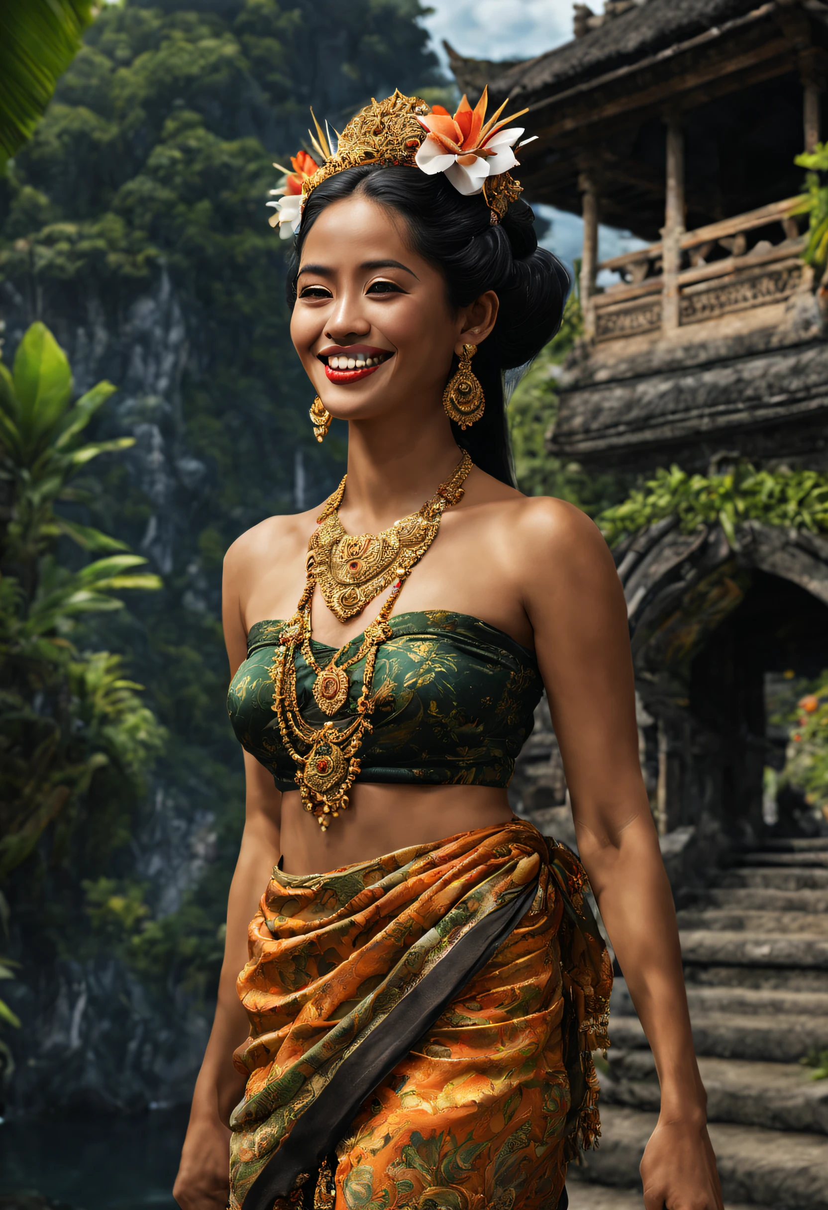 A beautiful pure black haired (Balinese:1.35) woman photo realistic portrait, donning Traditional Balinese Kebaya going to pray at the Temple nearby at Nusa Penida beach and smiles, insanely detailed and intricate background nature scene with some other characters and objects, a masterpiece cinematic photo realistic illustration of Color Comic Maestro Don Lawrence, super detailed, high resolution, full vibrant color, volumetric lighting, octane render, night time