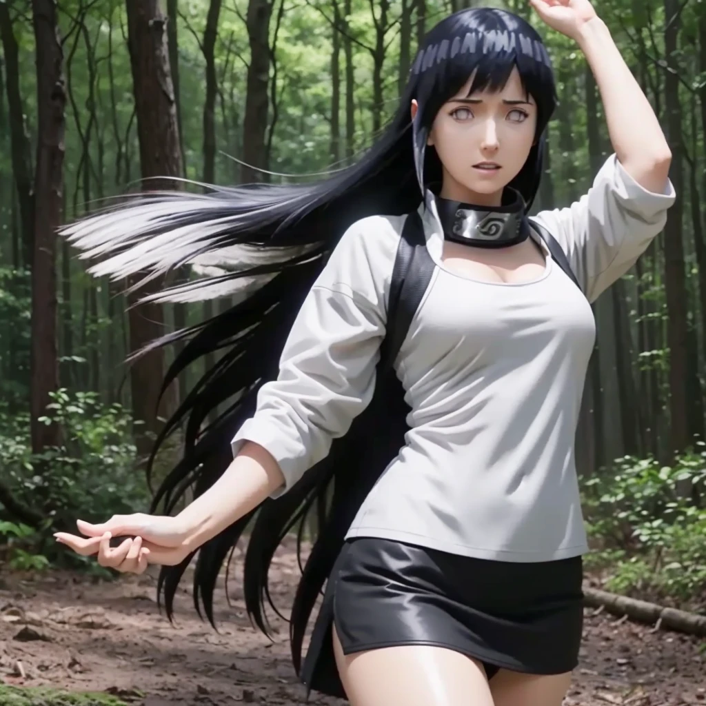 Beautiful girl, white top, black skirt, hinata from naruto series, tifa outfit,long hair, forest background , grab her hair with hand, eyes looking down, hand on hip, defTifa,TifaFF7,defTifa, white crop top