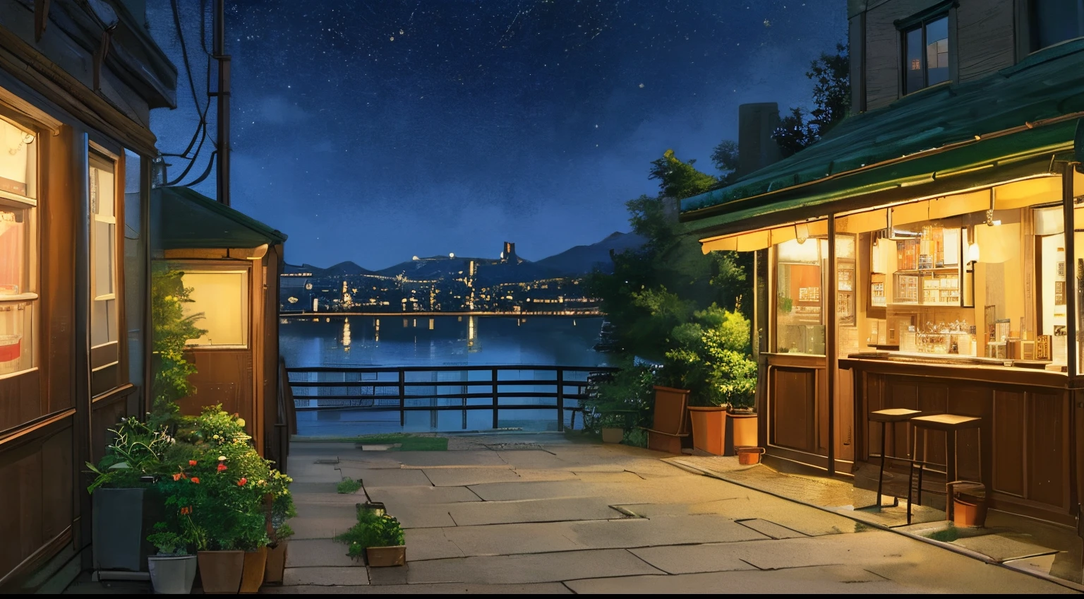 (​masterpiece、top-quality、top-quality、Official art、Beautifully Aesthetic:1.2),deep in the night、Lo-Fi Hip Hop、Cafe with small lights、a person々bustling,Residential area、Silence、It's raining a little、