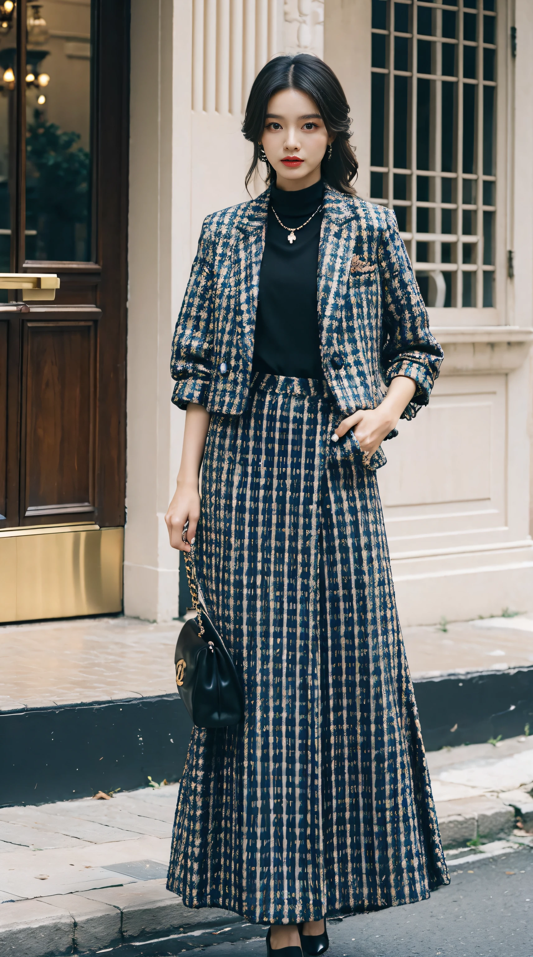 Best quality at best,tmasterpiece,超高分辨率,(realness:1.4),RAW photogr,hyper HD，8K，There is one girl，Stylish clothes,Chanel style，Stylish skinny suit, wearing jacket and skirt,high-class fashion，ellegance, Long skirt and short jacket,best selling, high-heels，Casual pose