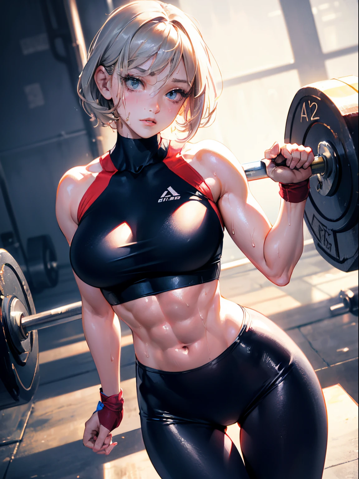 Best Quality, masutepiece,  High resolution, (Anime Heroine Illustration), Anime Paint, 1beautiful girl ,Dynamic Angle,Female Weightlifter,small head,Large breasts,Trained abs,nice legs, Glowing skin, Sweat,At the weightlifting venue ,Detailed beautiful face,Large eyes,detailed hairs,detailed skins,Realistic Skins,Sweat,detailed  clothes,from above