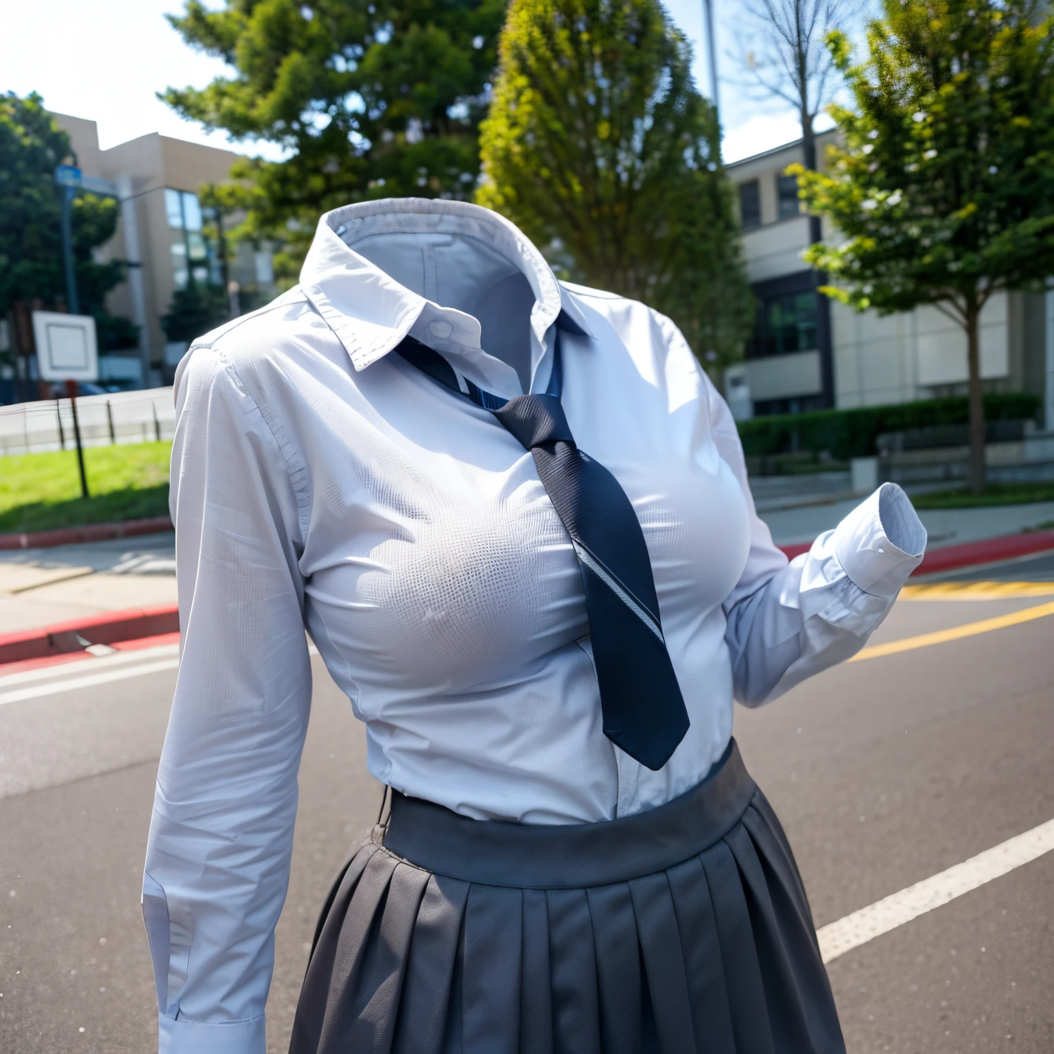 (chubby, fat), (White business shirt with wide open chest, collared shirts), long sleeve, white shirts, blue stripe tie, school, dark grey skirt, (invisible, no humans, headless, faceless:1.5), (cute big breasts), (close-up shot of breasts), photon mapping, radiosity physically-based rendering