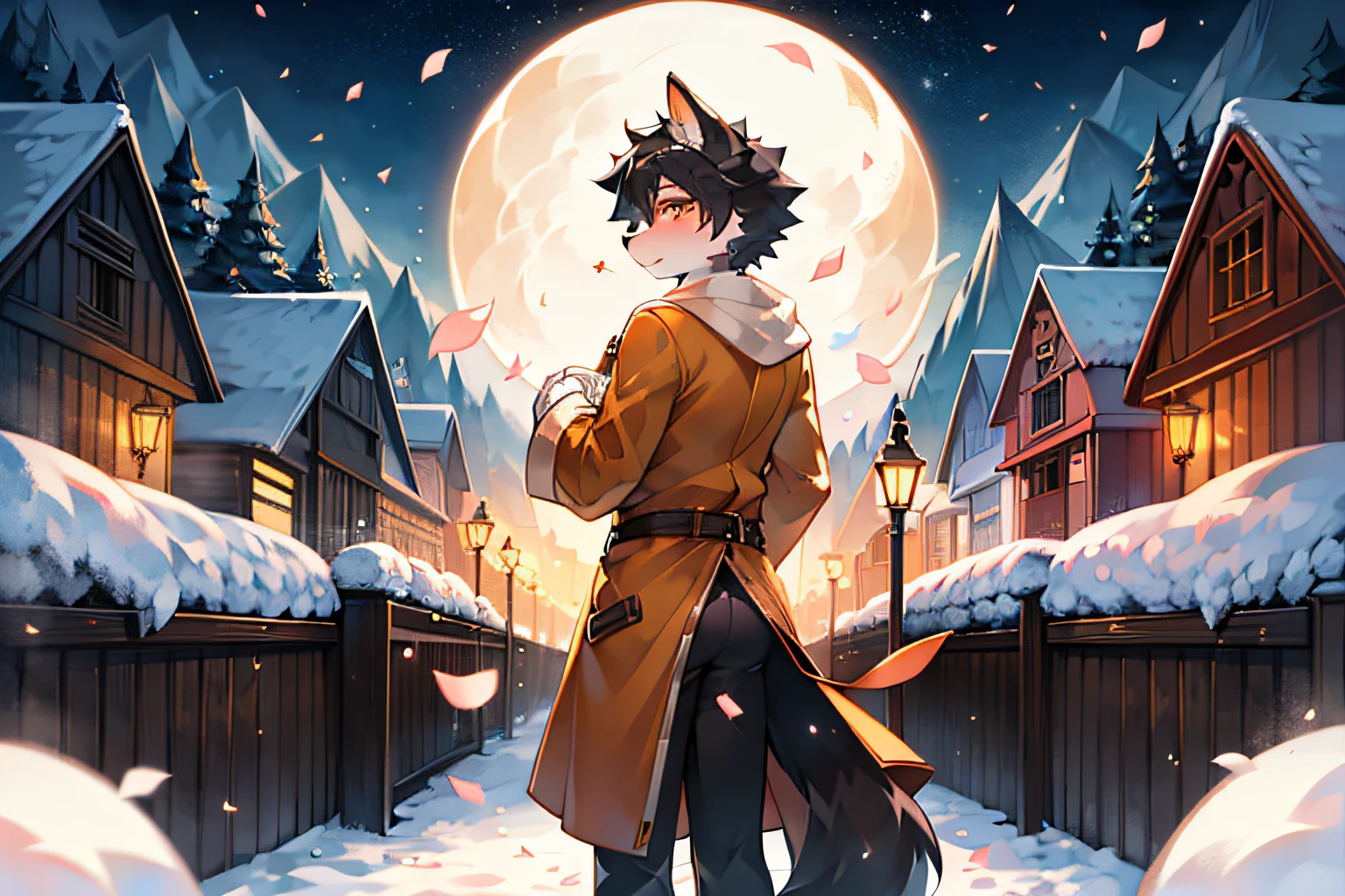 A black-haired wolf，Wearing an orange trench coat，standing on the street，moon full，starrysky，stars shining bright，Orange pupils，Crystal pupils，Place your hands on the railing，Peach blossom tree，falling flower petals，White petals，lovely boy，shota，back to look back，Gentle gaze，Oyuki，blanketed in a mantle of snow，Clear face，standard facial features