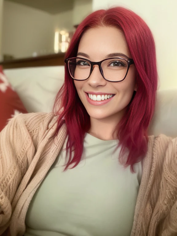 smiling woman with red hair and glasses sitting on a couch, slight nerdy smile, cute slightly nerdy smile, with glasses, 30 years old woman, 3 0 years old woman, with red hair, crimson red hair and red eyes, with glasses on, thick glasses, wearing red tainted glasses, red hair, slight nerdy awkward smile, red dyed hair, smiling seductively. Nude, perky medium breasts, small areola, small nipples. Medium shot facing camera