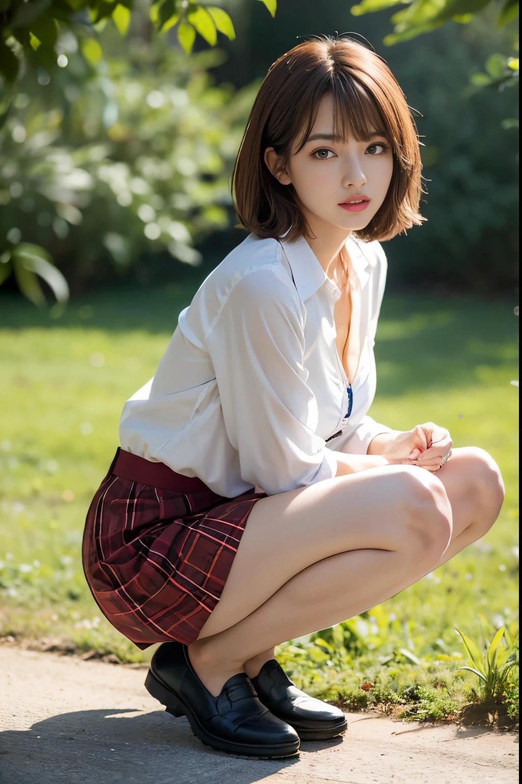 NSFW, 8K Raw photograph, Best quality at best, tmasterpiece, 超高分辨率, filmgrain, cinematic ligh, 1个Giant Breast Girl, looking at viewert, Natural skin texture, Realistic Eyes and Face Details, 's plump lips, lipsticks, (cosmetics), Red Eyeshadow, Short fluffy hair, messy hair, ssmile, Shut your mouth, pretty legs, Tall woman, Skinny, Slim_leges, Alone, gigantic cleavage breasts, Chopping, Position your hips toward you, Superskirt, Sam, The shirt, beautiful natural location, Around the flower position, (detailedbackground), plaid skirts, White wet shirt, gigantic cleavage breasts, Chopping, Showing a bit of cleavage through shirt, Loafer shoes, vague background, fuzzy, ngel, tartan, short- sleeved, JK ribbon on neck, JK ribbon, Brown hair, bangle, Eau, By bangs, 校服, jewely, Open your lips, cparted lips, From the side Side, pleatedskirt, depth of fields