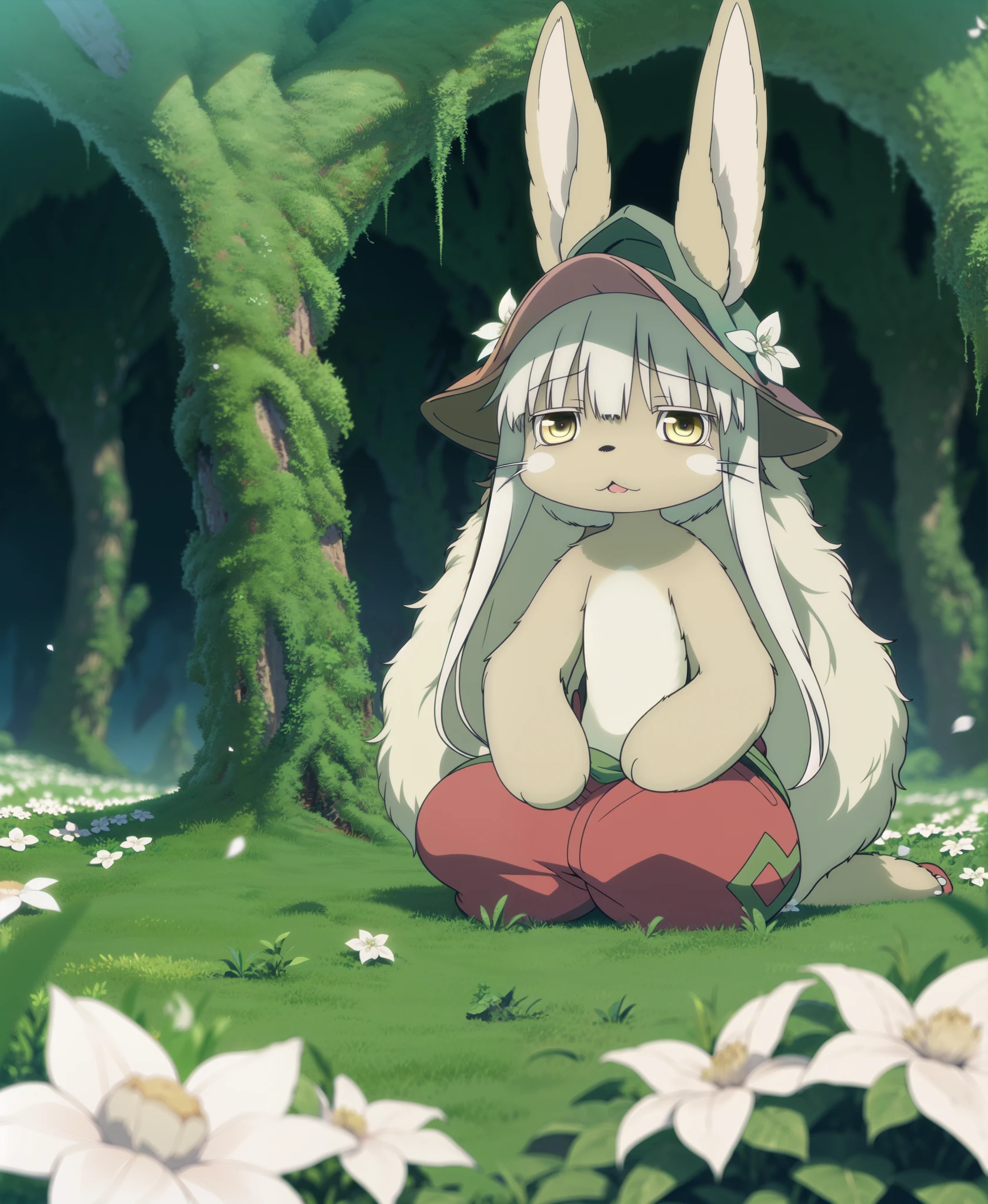(masterpiece), (best quality), beautiful BREAK nanachi \(made in abyss\), nanachipants, nanachihat, furry, (rabbit-like ears), (yellow eyes), [partially submerged] (ruins), (white flowers:1.2), mossy rocks, [soft meadow], cumulus, cumulonimbus, depth of field, nsfw, pussy, small breasts