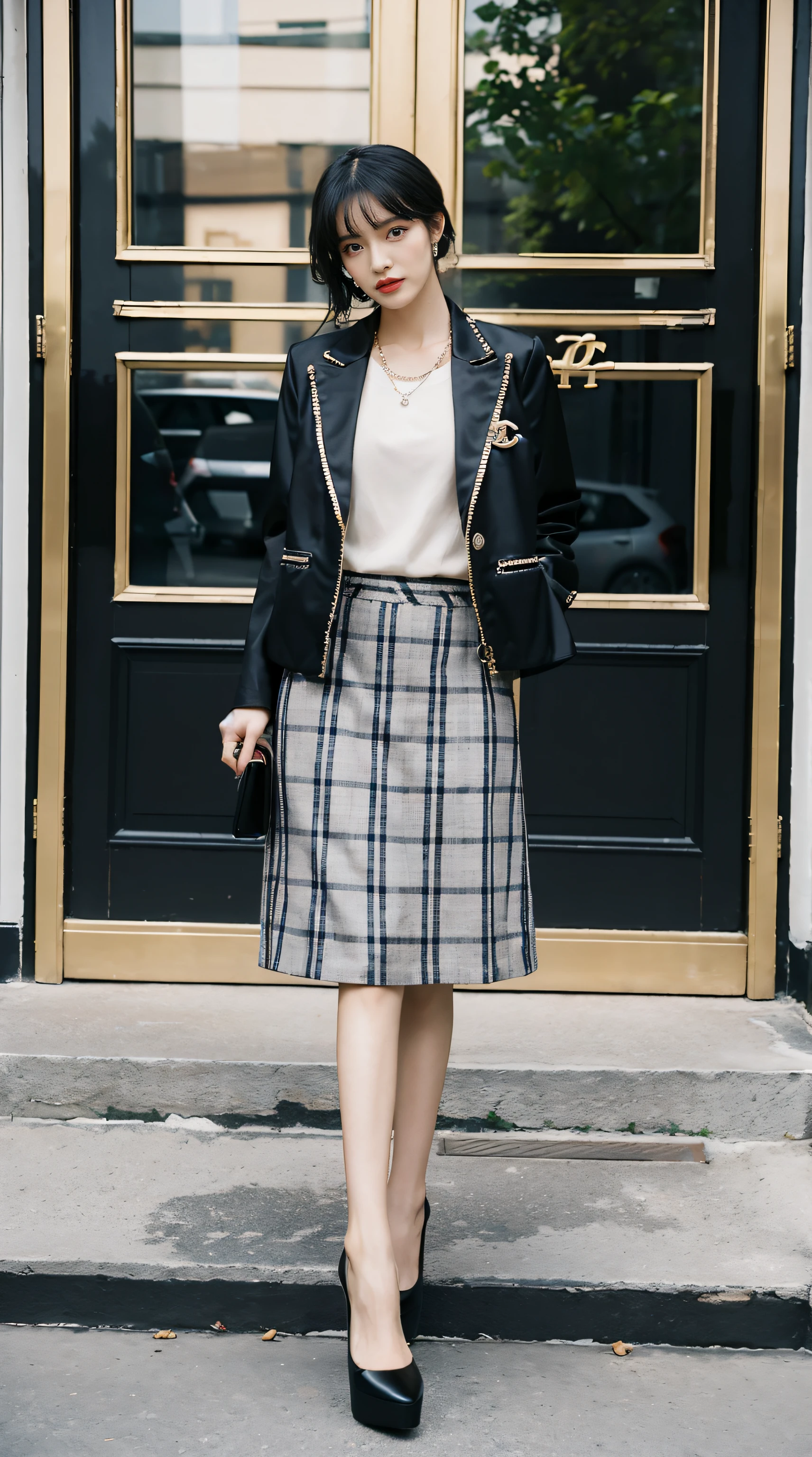 Best quality,tmasterpiece,超高分辨率,(Realistis:1.4),RAW photos,hyper HD,8K,There  one girl,Stylish clothes,Chanel style,Winter clothes,fashionable attire,long wool coat,tigh-high boots,Over-the-knee boots,high-class fashion,ellegance,best selling,Casual pose