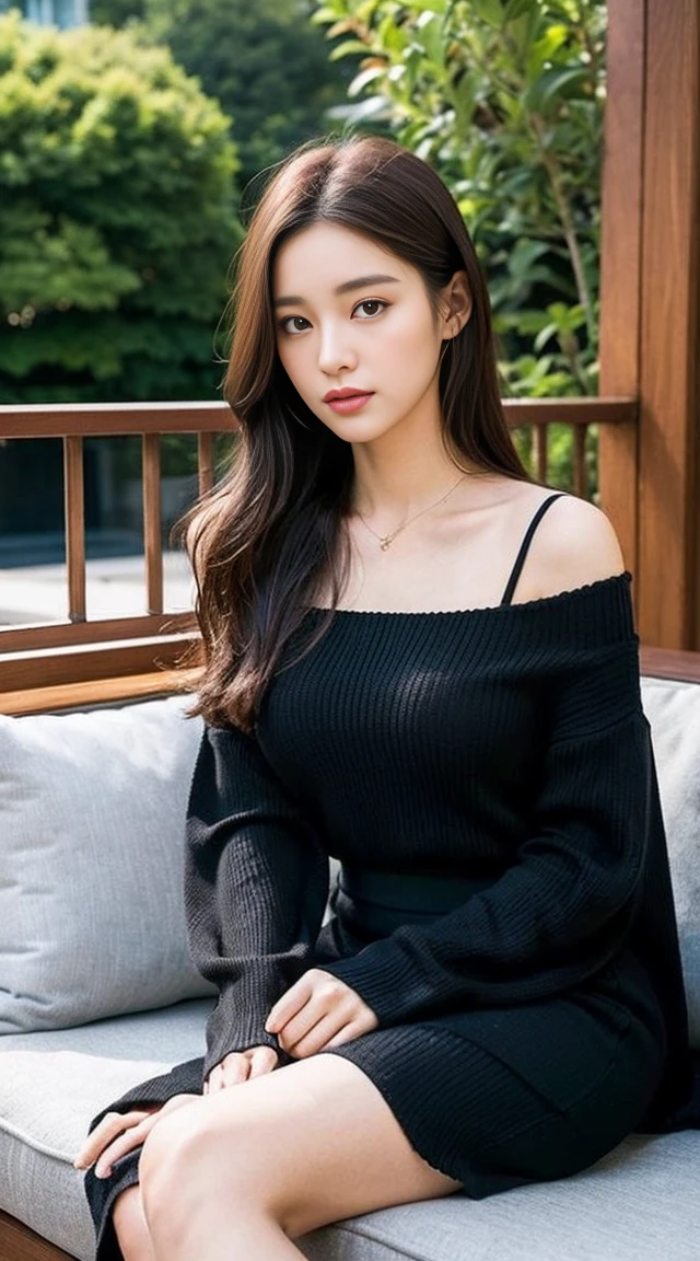 dark brown hair、Light brown eyes、The face of the Japan actress、adult lady、looks like him'i'i'I'm about 40 years old、(intricate-detail:1.2)、(top-quality:1.4)、 (超A high resolution:1.2)、超A high resolution、(A detailed eye)、(detailed facial features)、nffsw、8K resolution、moderately sized udder、She is wearing a warm long-sleeved black dress,i am wearing a skirt,It's a long skirt.,A loose knit dress、length hair,I am Hiro々sitting comfortably on a sofa on the terrace of a cafe.、Relaxing、Leaning on the backrest、Drinking a latte,