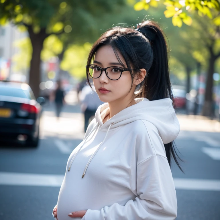 A pregnant woman with a large belly, long black hair, wearing a hoodie, her hair tied in a black ponytail, wearing glasses, and carrying a backpack, walking on the street. (best quality, 4k, 8k, highres, masterpiece:1.2), ultra-detailed, (realistic, photorealistic, photo-realistic:1.37), HDR, UHD, studio lighting, extremely detailed description, professional, vivid colors, bokeh, natural, full-length photo.