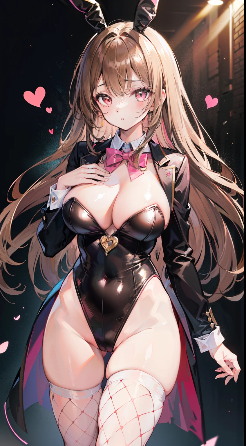 (top-quality), high-level image quality, ((a beauty girl)), ((light brown hair)), (relaxed long) , (bright pink eyes),   (large full breasts), (magic tuxedo bunny leotard),(cool expression), fishnet tights,((Hypnotized)),Ribbon on chest shirt