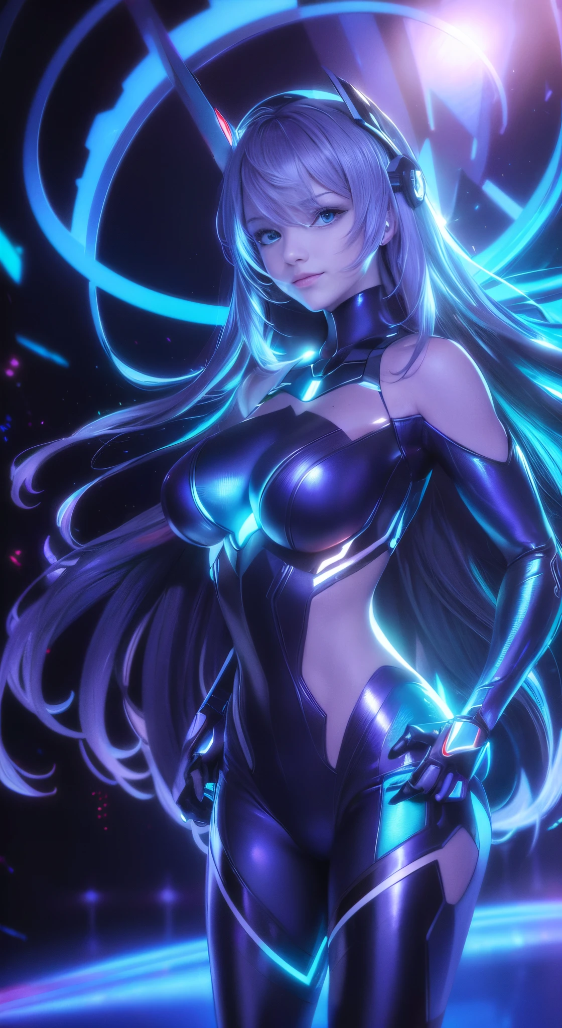 (best quality,4k,8k,highres,masterpiece:1.2),ultra-detailed,(realistic,photorealistic,photo-realistic:1.37),futuristic female cyborg,portrait style,metallic material,glowing blue eyes,sharp facial features,fierce expression,mechanical body parts,digitally enhanced long hair,futuristic armor,high-tech visor,powerful and confident stance,dystopian background,neon lights,colorful holographic projections,sci-fi lighting