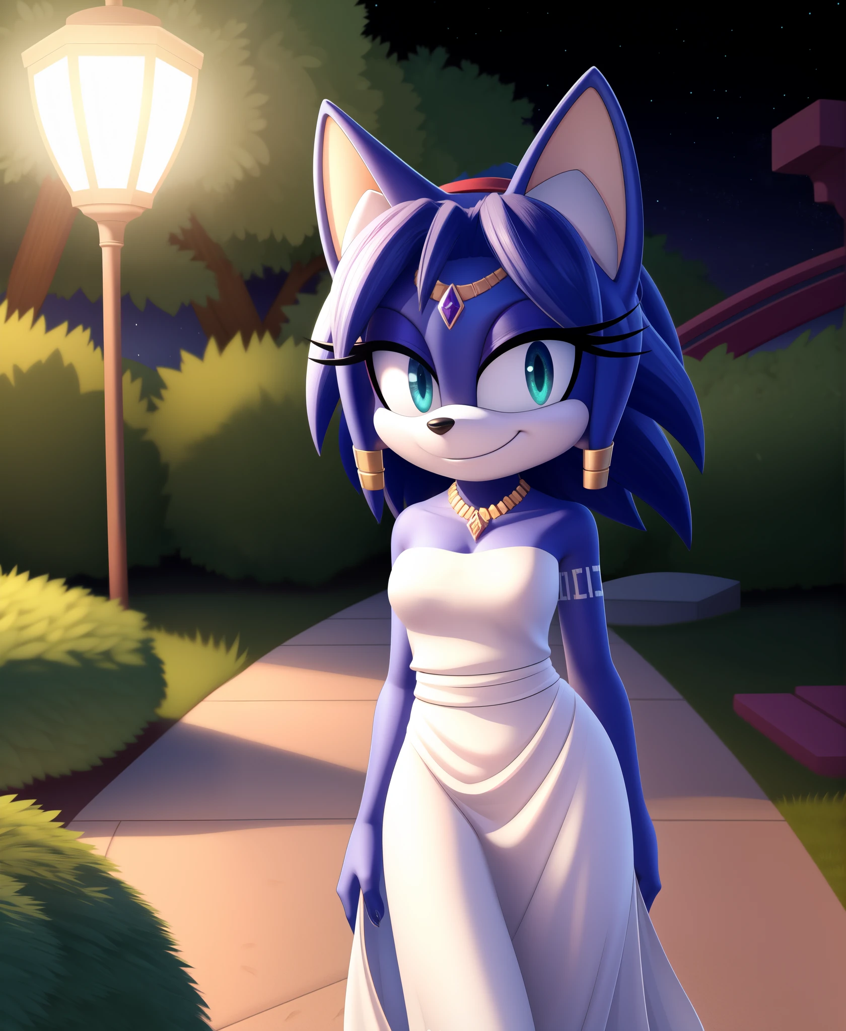 Krystal The Fox, Beautiful, White Dress, Long Dress, Garden, Night, Stars, Looking at Viewer, walking, 2D illustration, Close-up, upper body, smile.