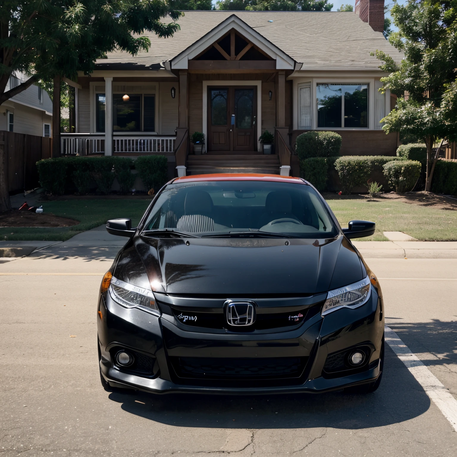 A short stubby black male crushed underneath a red Honda civic in the front of a ghetto house drive way