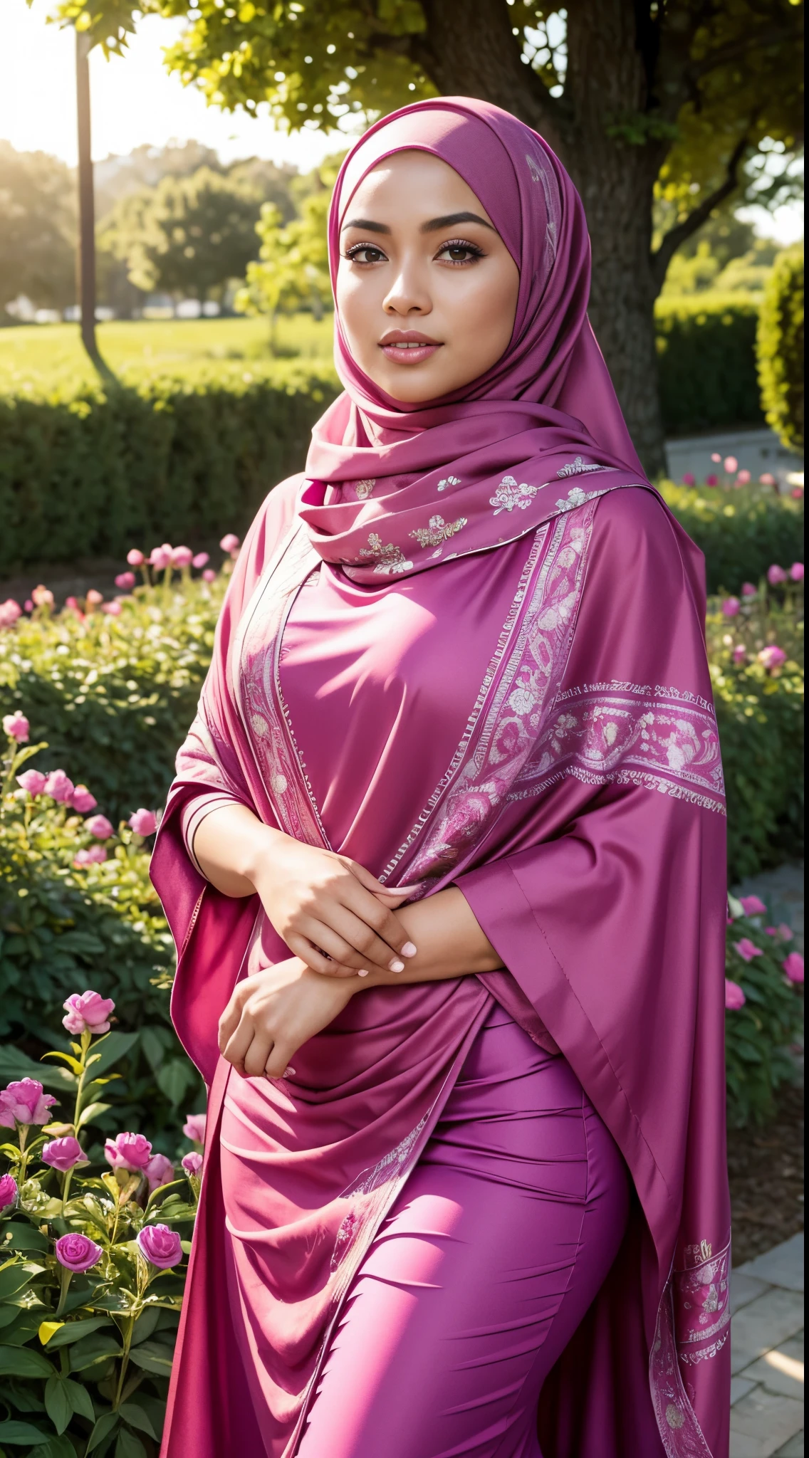 RAW, Best quality, high resolution, masterpiece: 1.3), beautiful Malay woman in hijab,Masterpiece, perfect slim fit body, (Huge breasts), big gorgeous eyes, Soft smile, ,woman in a pink shawl standing in a field, inspired by Nazmi Ziya Güran, inspired by Naza, wearing pink floral chiton, fuschia skin, shawl, hijab, emir, fuchsia skin, beautifully, magenta, smooth fuschia skin, detailed picture, inspired by Mym Tuma, with cape necklace, shairband, afternoon walk, City garden, Excellent lighting, Bright colors, Clean lines