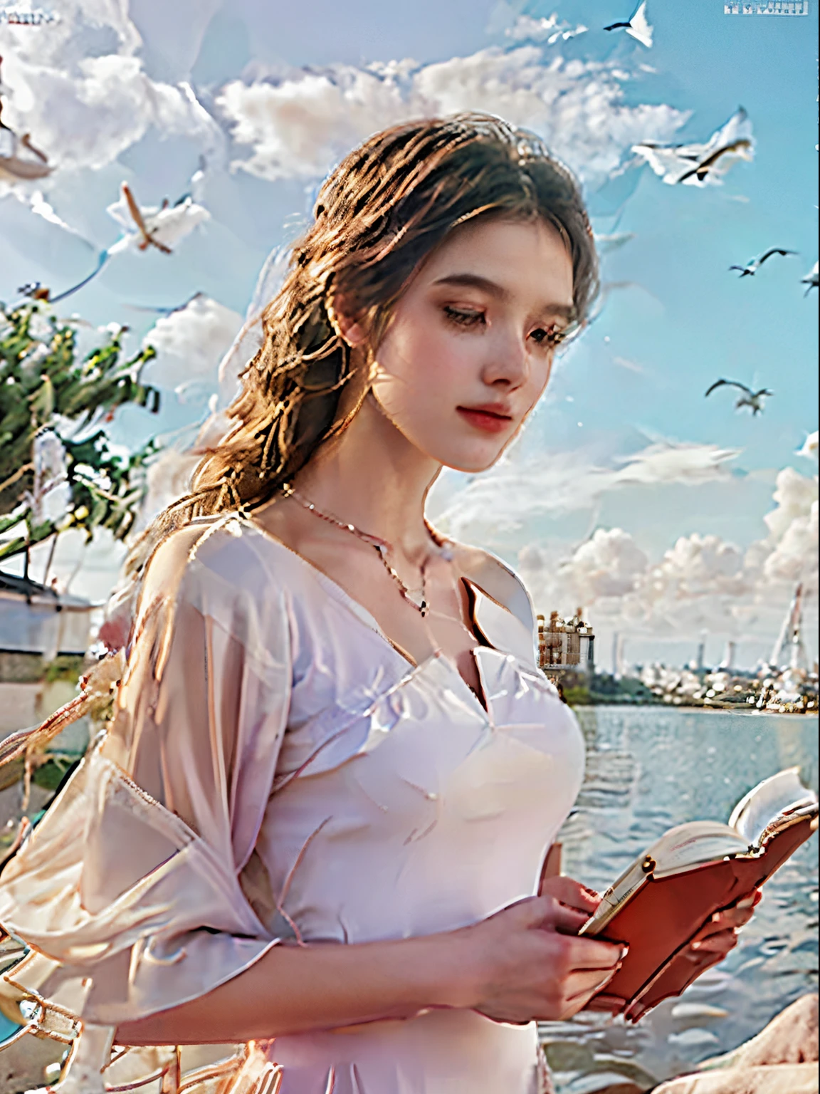 A girl floating in the clouds and is reading a book. She has 2 white birds flying around her.