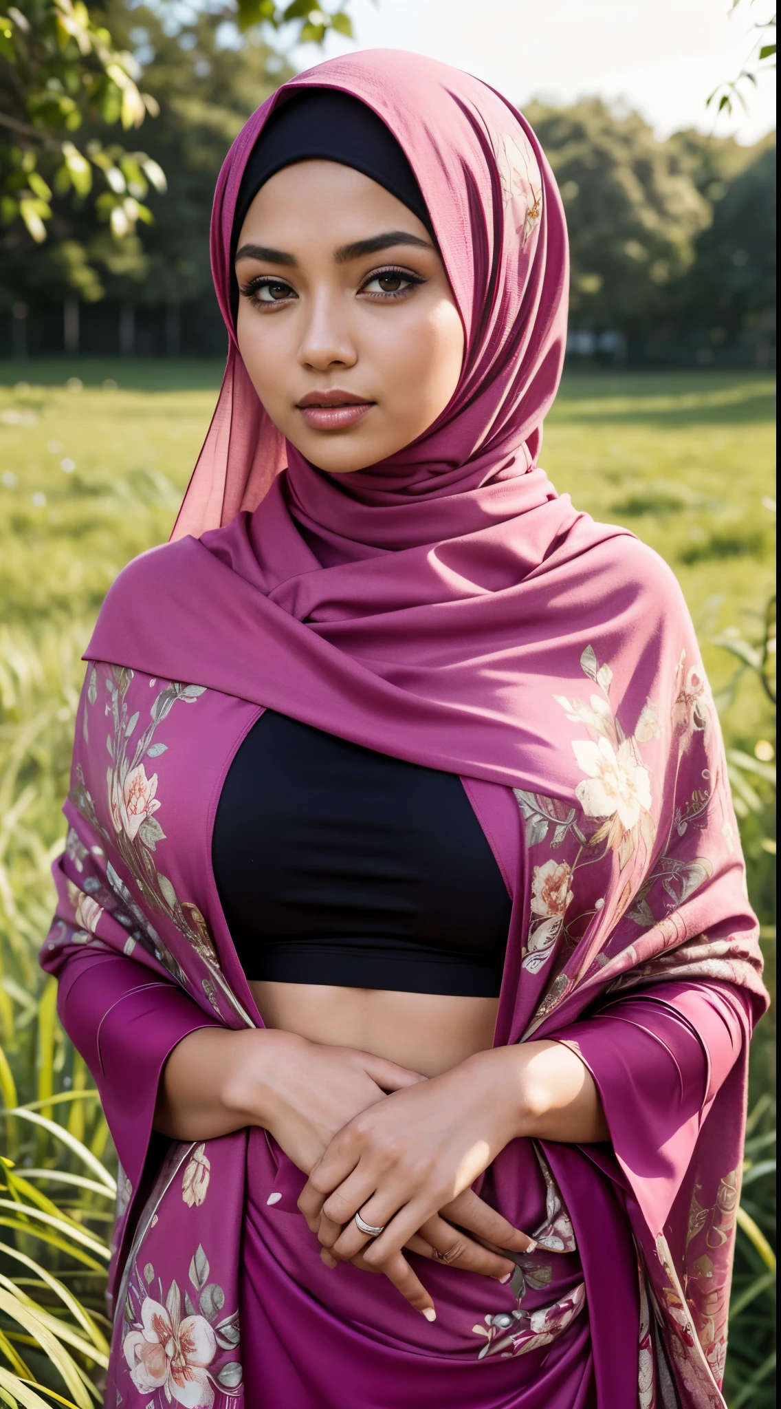 RAW, Best quality, high resolution, masterpiece: 1.3), beautiful Malay woman in hijab,Masterpiece, perfect slim fit body, (Huge breasts), big gorgeous eyes, Soft smile, ,woman in a pink shawl standing in a field, inspired by Nazmi Ziya Güran, inspired by Naza, wearing pink floral chiton, fuschia skin, shawl, hijab, emir, fuchsia skin, beautifully, magenta, smooth fuschia skin, detailed picture, inspired by Mym Tuma, with cape necklace, shairband, afternoon walk, City garden, Excellent lighting, Bright colors, Clean lines