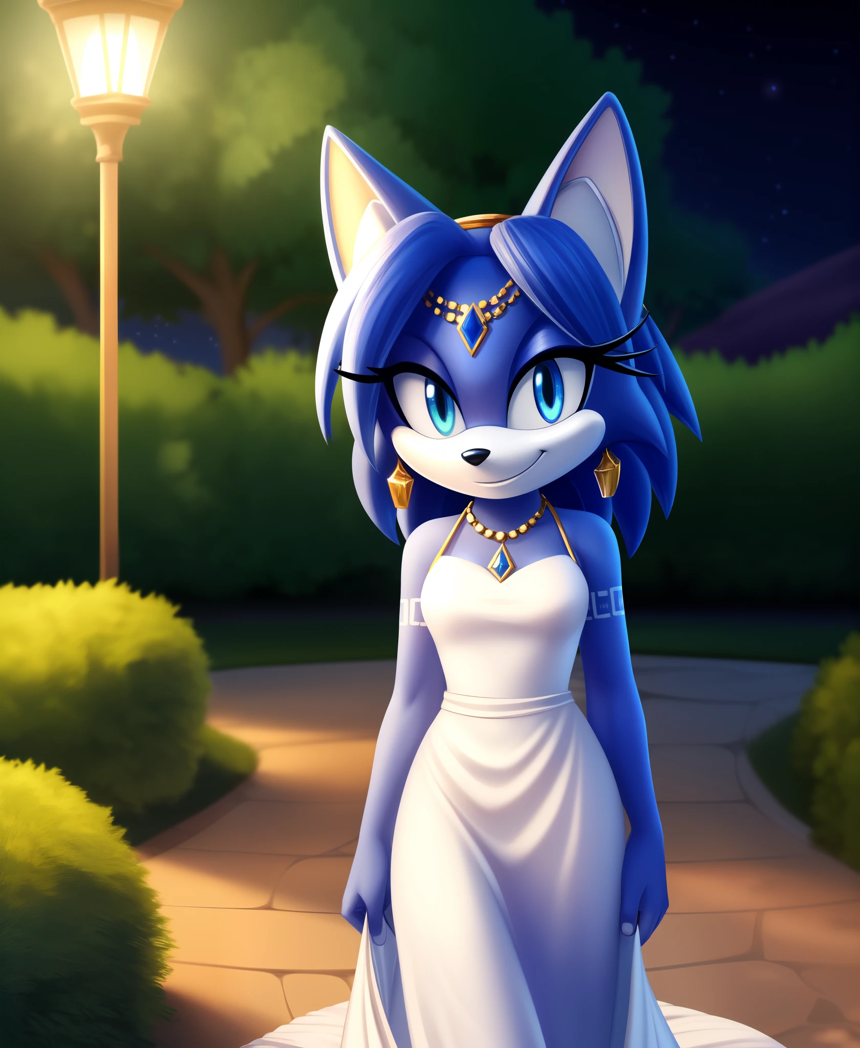 Krystal The Fox, Beautiful, White Dress, Long Dress, Garden, Night, Stars, Looking at Viewer, walking, 2D illustration, Close-up, upper body, smile.