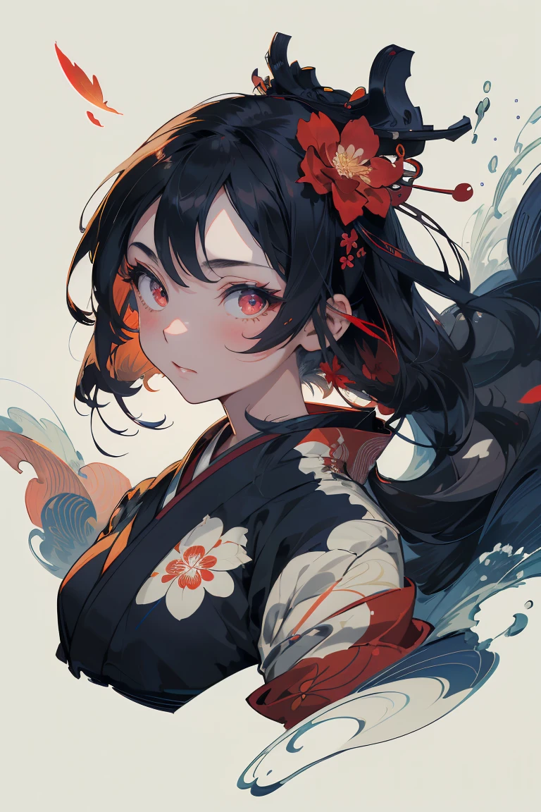 {{{Ukiyo-e_style}}},{{flat_style}},{simple_colors},{{{masterpiece}}},{katsushika_hokusai},long_hair,hair_flower,{{black_hair}},red_eyes,red_sky,{chinoiserie},{{{best_quality}}},kimono,{{ultra-detailed}},{illustration},Maple_leaves_flying,{{1girl}},{{{solo}}},{{an_extremely_delicate_and_beautiful}},blank_stare,close_to_viewer,{breeze},{Flying_splashes},{Flying_petals},wind,{Gorgeous and rich graphics}