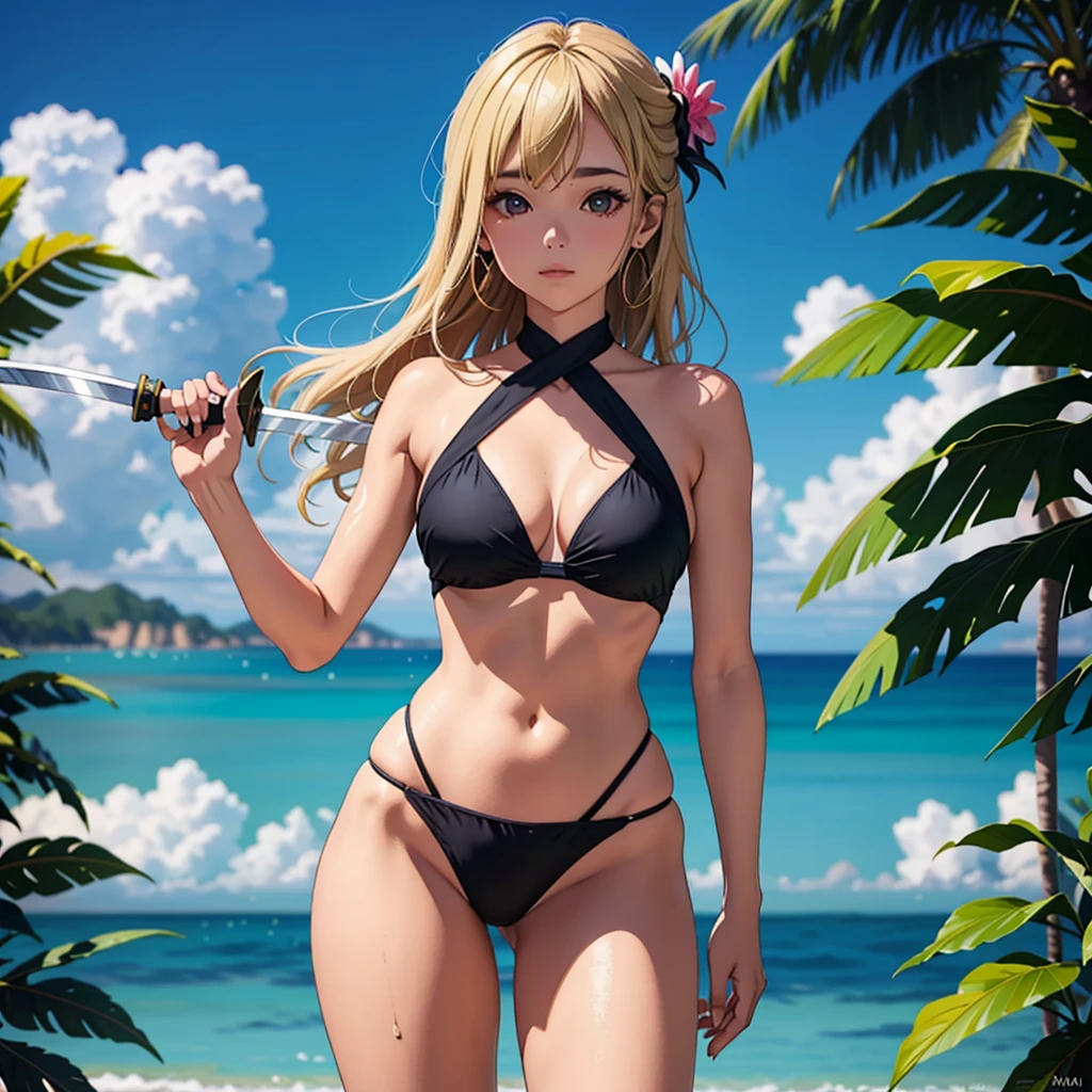 a woman in a bikini and a sword in front of a city, Hanayamata, traje: sbikini, armadura preta com detalhes amarelos, Neon Preto, corpo inteiro!!, Crotchet, neon edges on bottom of body, preto e amarelo, corpo inteiro;, roupa de banho, is wearing a swimsuit, amarelo e preto, electronic bikini, tou