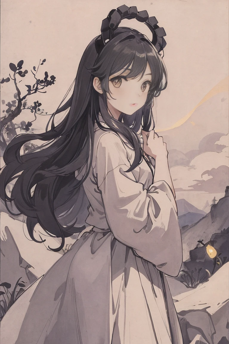 masterpiece, best quality, night, hill, clouds, full moon, long hair, woman, silhouette, fireflies,diaphragm.