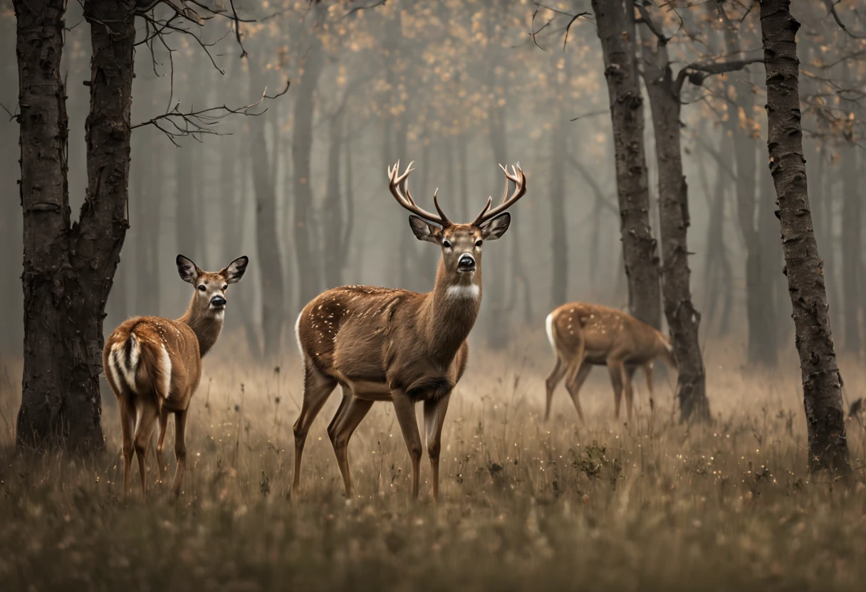 (best quality, 4k, 8k, high resolution, master part: 1.2), ultra detalhado, (Realistic, fotorrealista, fotorrealista: 1.37), um cervo caminhando por uma floresta enevoada. The image is realistic and the deer moves away from the camera in the center of the image. The deer is accompanied by its cubs. The trees are tall and have no leaves. The fog is thick and the trees are barely visible. The atmosphere of the image is disturbing and mysterious.