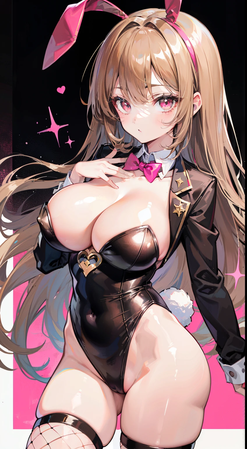 (top-quality), high-level image quality, ((a beauty girl)), ((light brown hair)), (relaxed long) , (bright pink eyes), (large full breasts), (magician tuxedo bunny leotard),(cool expression), fishnet tights,((Hypnotized)),ribbon on the chest of the shirt