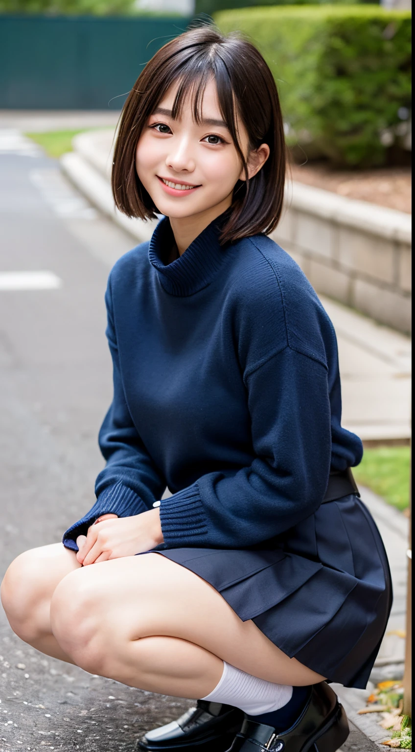 Best-quality, Masterpiece, Ultra-High-Resolution, (Photorealistic:1.4), Raw-Photo, Extremely-Details, Perfect-Anatomy, 1girl, 15-years-old, the most popular Japanese idol, (front view, squatting), (wearing gorgeous panties), wearing Japanese high-school winter uniform, wearing navy blue pleated skirt, (wearing muffler with cute design), looking at viewer, beautiful smile, detailed extremely beautiful hip, ((extremely beautiful face like a most famous Japanese idol, extremely beautiful big black solid circle eyes)), (extremely beautiful black short-cut-haired), extremely beautiful lips, extremely beautiful white skins, extremely beautiful breasts, extremely beautiful thighs, extremely beautiful body, extremely beautiful legs, detailed gorgeous colorful panties, detailed Japanese high-school winter uniform, detailed navy blue pleated skirt, detailed muffler with cute design, detailed white sox, detailed black loafer shoes