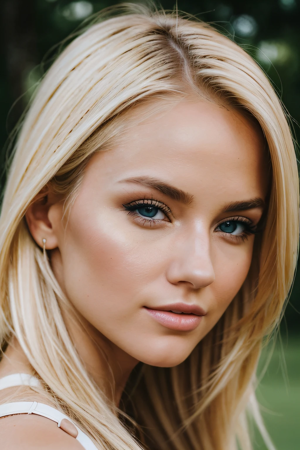 a facial close up shot of a blonde Instagram model, with a seductive look on her face, flirting with camera, closeup, bending, with natural lighting, dept of field.