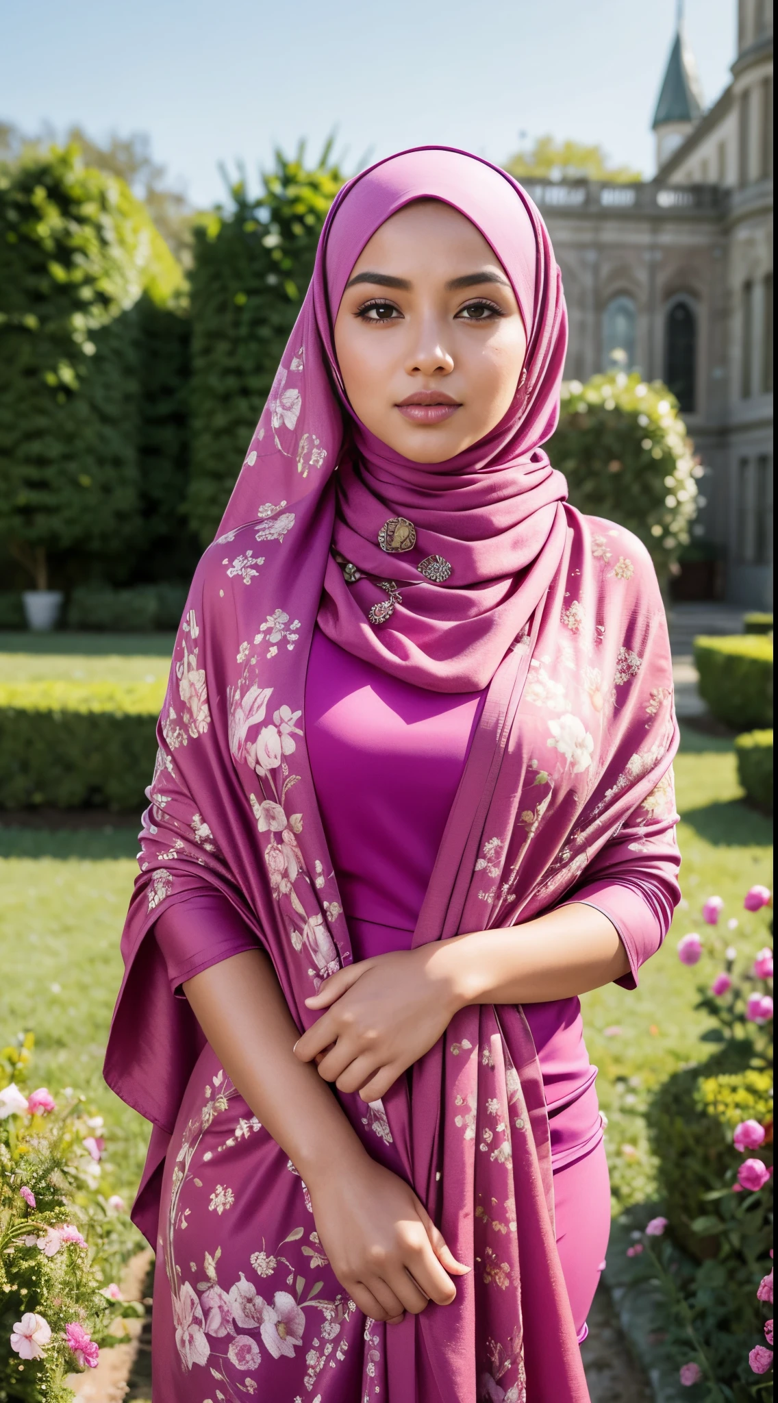 RAW, Best quality, high resolution, masterpiece: 1.3), beautiful Malay woman in hijab,Masterpiece, perfect slim fit body, (Huge breasts), big gorgeous eyes, Soft smile, ,woman in a pink shawl standing in a field, inspired by Nazmi Ziya Güran, inspired by Naza, wearing pink floral chiton, fuschia skin, shawl, hijab, emir, fuchsia skin, beautifully, magenta, smooth fuschia skin, detailed picture, inspired by Mym Tuma, with cape necklace, shairband, afternoon walk, City garden, Excellent lighting, Bright colors, Clean lines