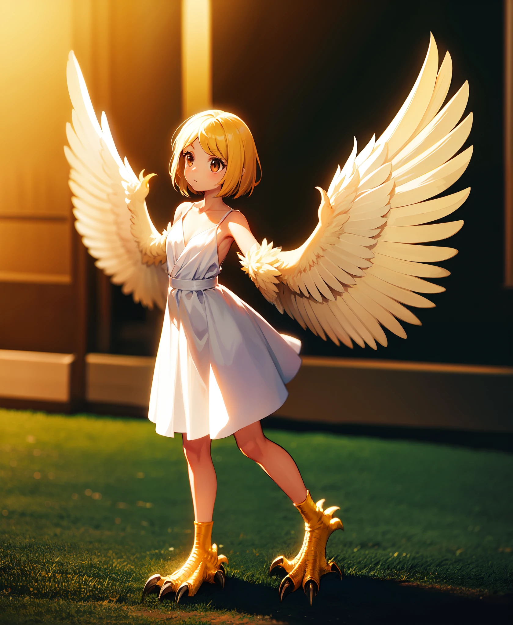 1girl, harpy, feathers, full body, talons, mature girl, big wings, Original Character, Volumetric Lighting, Best Shadows, Shallow Depth of Field, Stunningly Beautiful Girl, Petite, Delicate Beautiful Attractive Face