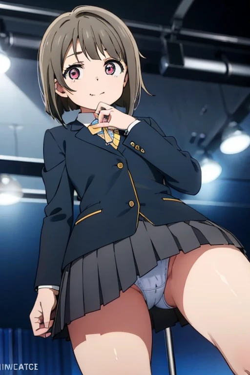 18year old, girl with, Dark blue blazer clothes,White underwear,rather large udder,Slightly larger buttocks,slightly thick thighs, Narrow waist, Hairstyle is a bob cut, The background is the live venue,Looks happy,Not wearing a skirt,A vibrator is inserted into the crotch