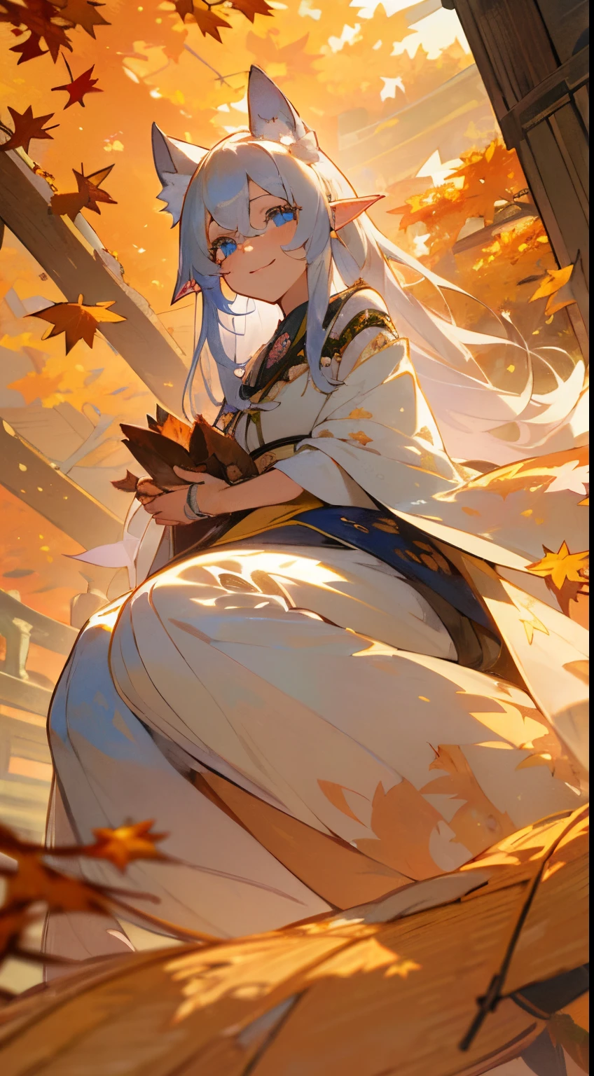 top-quality、​masterpiece、(beautiful shiny silver hair)、(blue eyess)、Cute Caucasian Woman、(A pleasant smile with narrowed eyes:1.3)、Full body like、(Wearing a yukata:1.5)、beautiful fairy-like woman、(Elven ears)、Fantasia、(Kyoto during the autumn leaves season:1.5)、Angle looking up from below