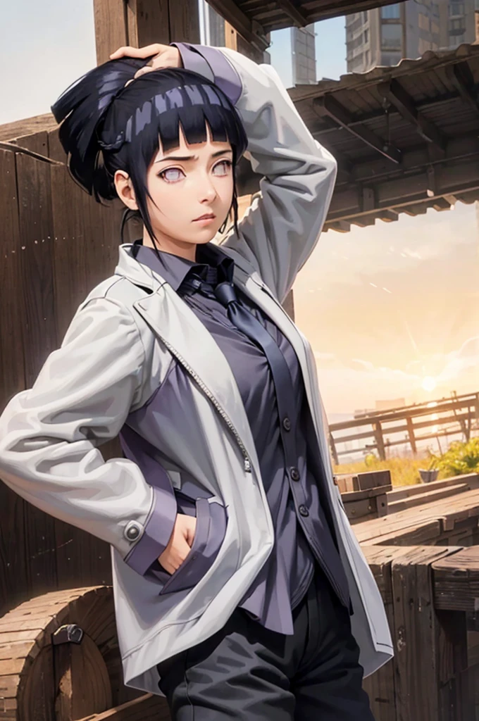 (masterpiece, best quality:1.2), cowboy shot, solo, 1girl, hinata, expressionless, closed mouth, looking at viewer, hands in pockets, braided ponytail,  eyes, formal, coat, collared shirt, black necktie, black pants, building in back ground, detailed hands and finger, high quality image, no blur,