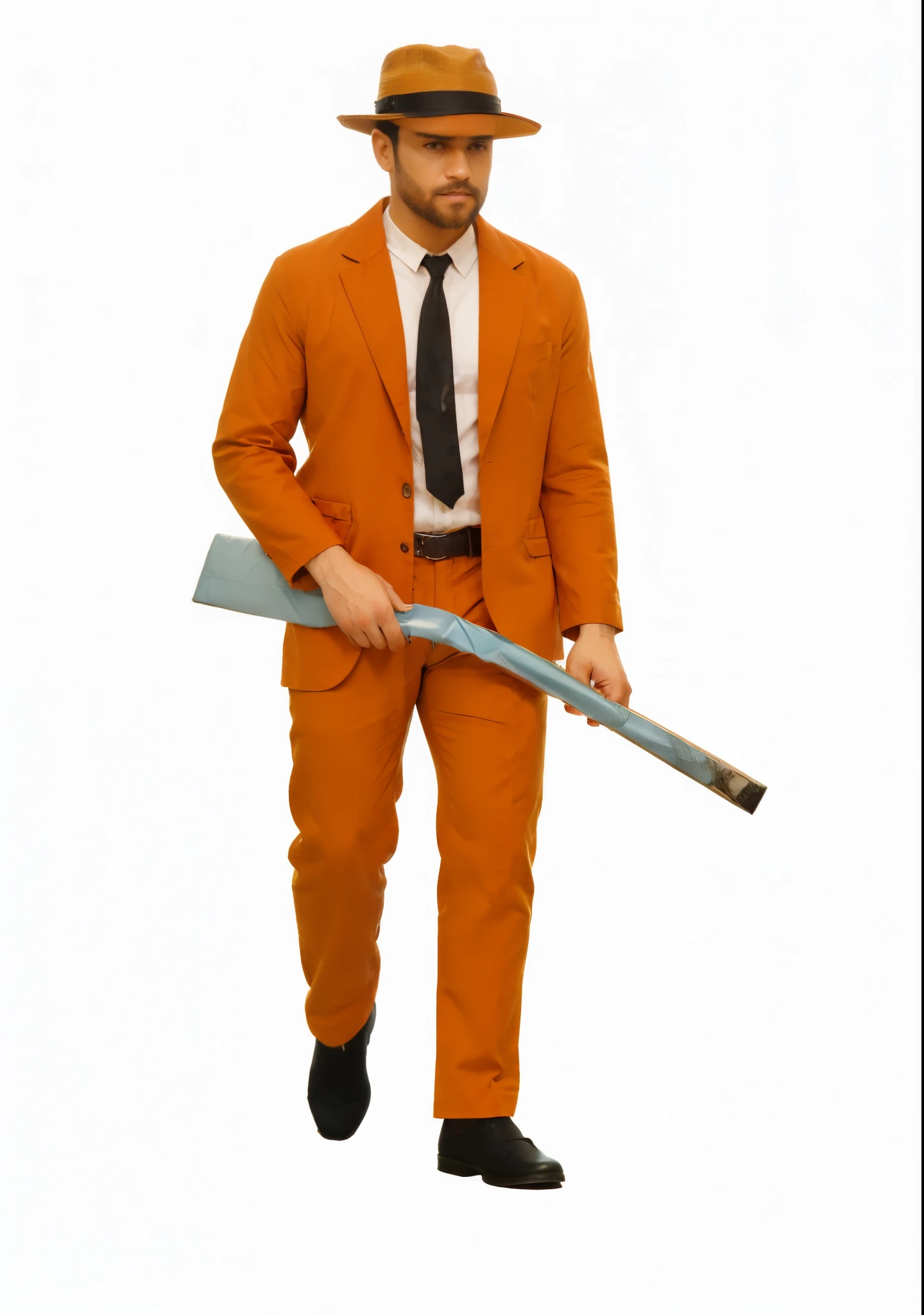 Um homem de terno vermelho escuro, pele parda, chapeu panama, camisa amarela, barba escura, tapa-olho pr3to no olho esquerdo, carregando uma espingarda, walks towards the viewer, detailed hands, 4k.