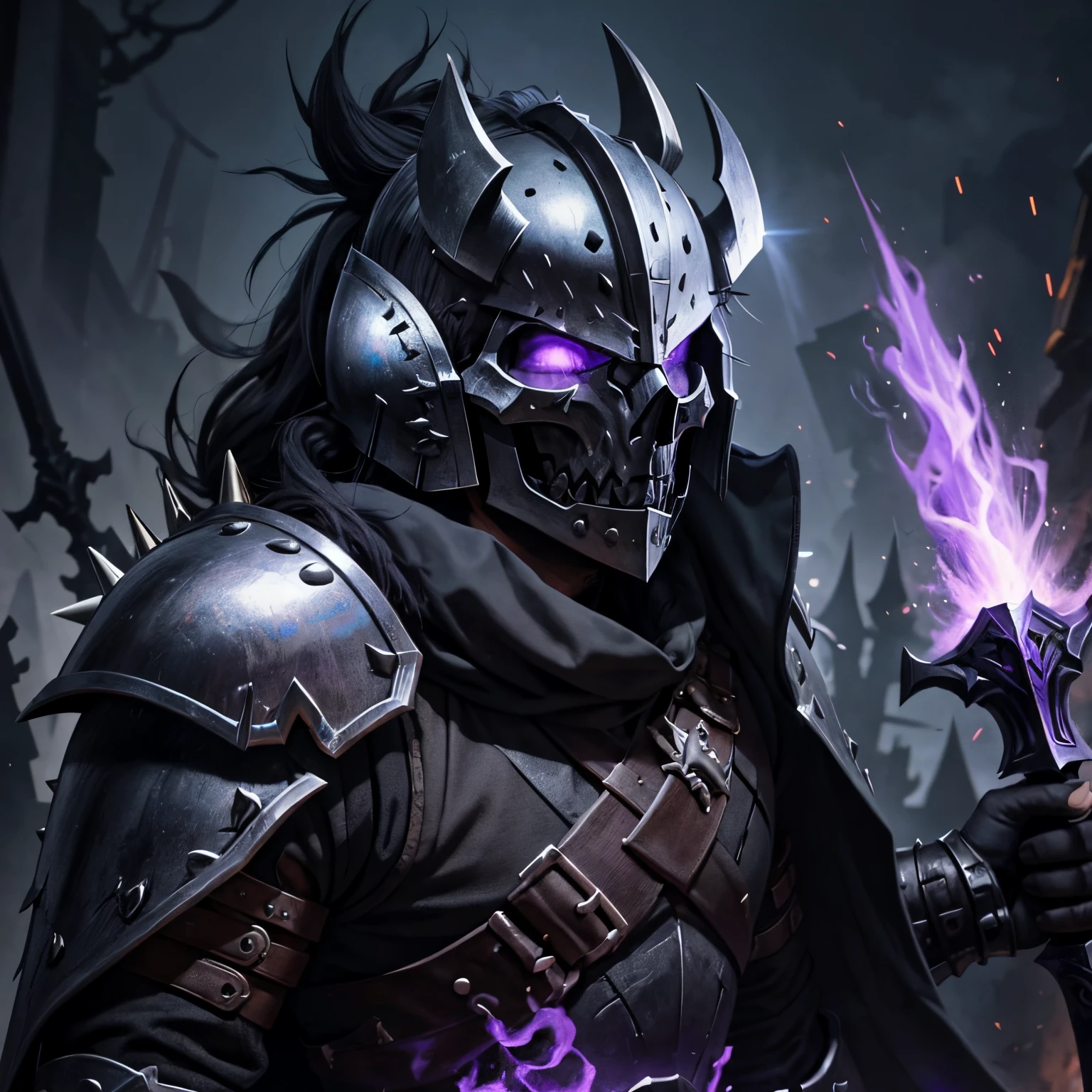 A male,deathknight,Black Knight,Skull mask,Spiked Helmet,Metal helmet,spiked armor,Purple cape,Dark style,