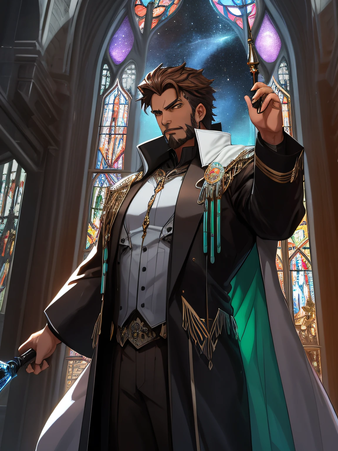 A 50-year-old but still very attractive man with a perfectly proportioned thin but broad-shouldered body.., with luminous dark brown hair and green eyes, tiene una perilla que le llega a la altura del pecho, de pie a una altura de 2 metros. Lleva una bata de seda muy elegante hecha de cristales negros en bruto que parecen contener una galaxia en su interior., que se adapta a su cuerpo. Adopta una pose heroica, tiene una mirada serena, as you look around a magical library with beautiful stained glass windows. His pose shows great intelligence and wisdom., He doesn't seem like a person who can laugh easily... In his right hand he holds a magic scepter.. 128K Ultra High Definition, 128K Calidad ultra alta, 128K Ultra High Resolution, Best Definition, La mejor calidad, better resolution, perfectamente detallado, Perfectly designed, extremadamente detallado, Extremely designed, hiper detallado.