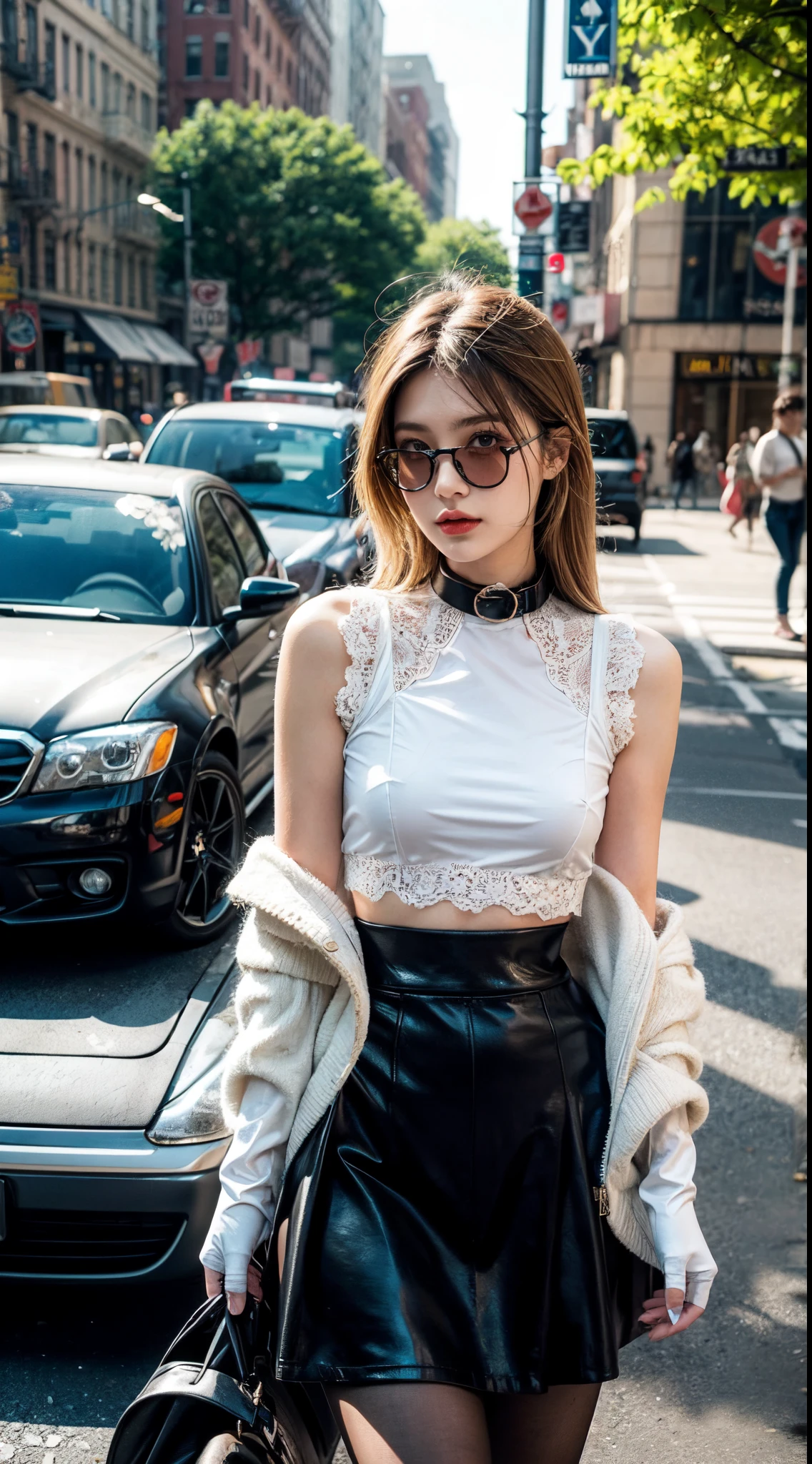 Girl in y2k costume, dark blonde hair, dark blonde hair, dark blonde hair, Emo Pin up Girl, y2k outfit, y2k, 80s, Striking a pose, natural make up, skinny girl, sassy girl, it girl, sunny day, bright sun, on the street of new york city, cars stopped because of her, a lot of peoples mocking at her bt she's don't care, everybody busy looking at her, it girl stuff, 80s atmosphere, midshot, cowboy shot, centered image, wearing printed heart collar, wearing white escape lace top, wearing black layered skirt, wearing feather hand gloves