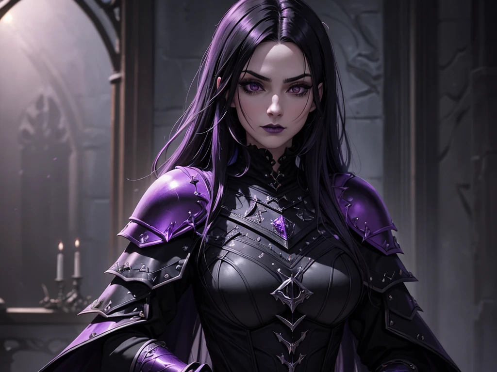 An adult vampire wizard character wearing a very detailed and beautiful gothic armor in black and purple color. Seu cabelo com corte em estilo curto, black lip color, cor roxa dos olhos;, manto, capuz, caminhando, 8k, Magnificent, Black and purple Gothic armor, capa, Ecliptica invasion