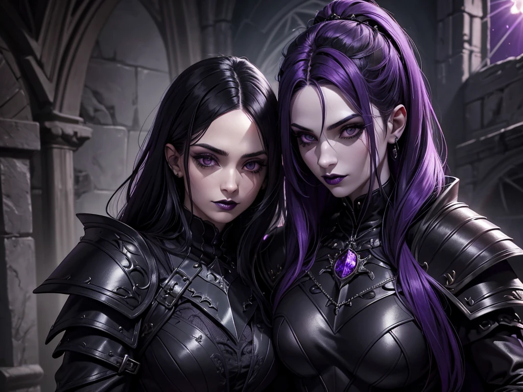 An adult vampire wizard character wearing a very detailed and beautiful gothic armor in black and purple color. Seu cabelo com corte em estilo curto, black lip color, cor roxa dos olhos;, manto, capuz, caminhando, 8k, Magnificent, Black and purple Gothic armor, capa, Ecliptica invasion