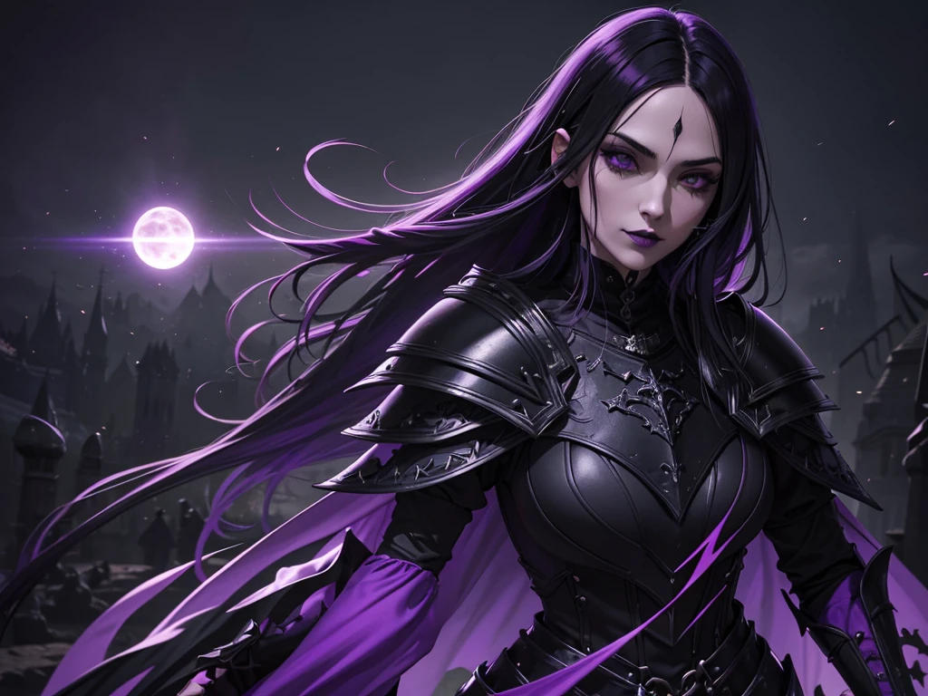 An adult vampire wizard character wearing a very detailed and beautiful gothic armor in black and purple color. Seu cabelo com corte em estilo curto, black lip color, cor roxa dos olhos;, manto, capuz, caminhando, 8k, Magnificent, Black and purple Gothic armor, capa, Ecliptica invasion